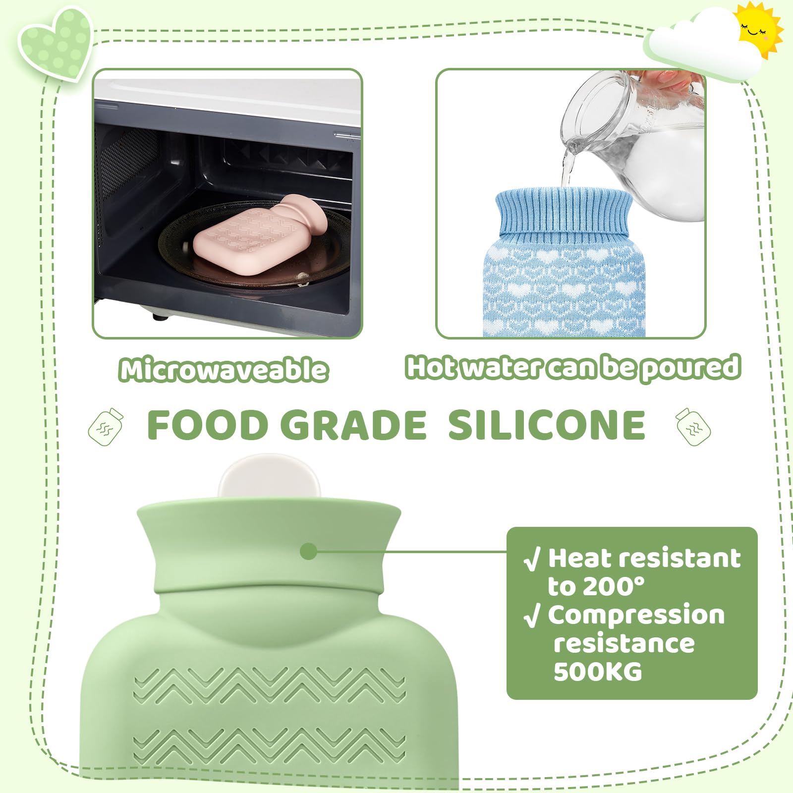 Amylove mini bolsa agua caliente en verde, práctica para calidez en casa.