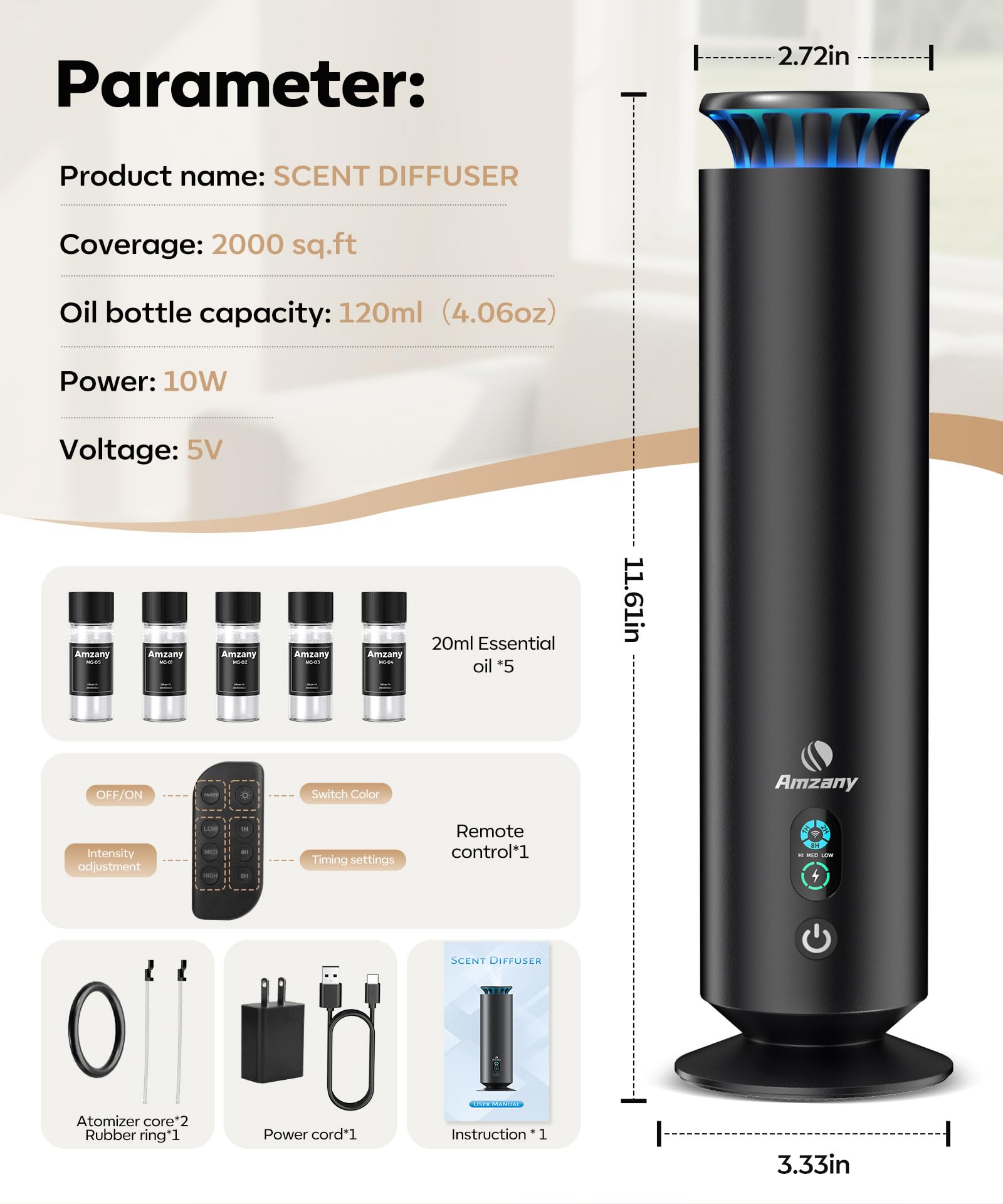 Difusor Amzany funciona en posición vertical para seguridad.