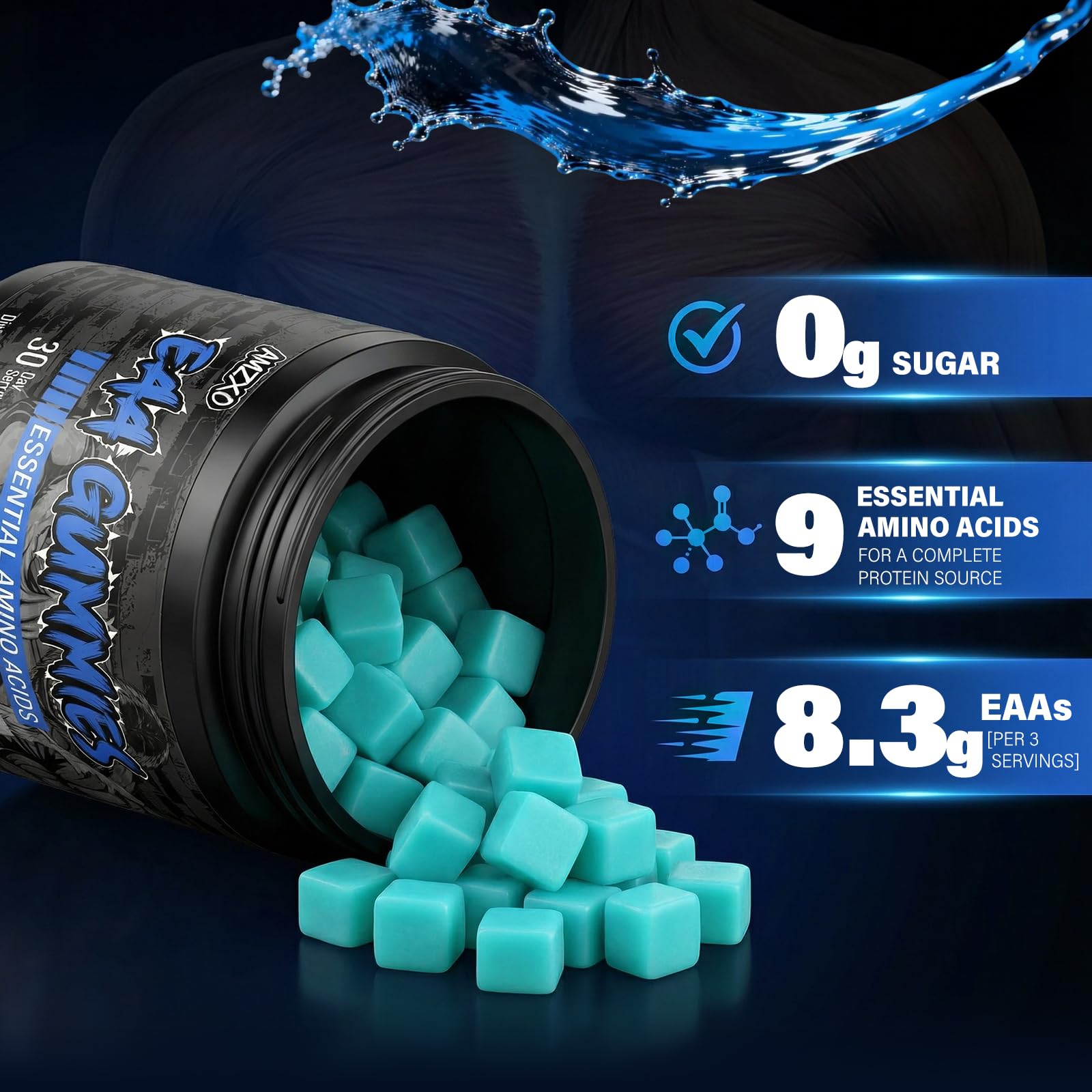 AMZXO EAA Gummies, fórmula 2:1:1 BCAA, ayuda a mantener la resistencia durante el entrenamiento.
