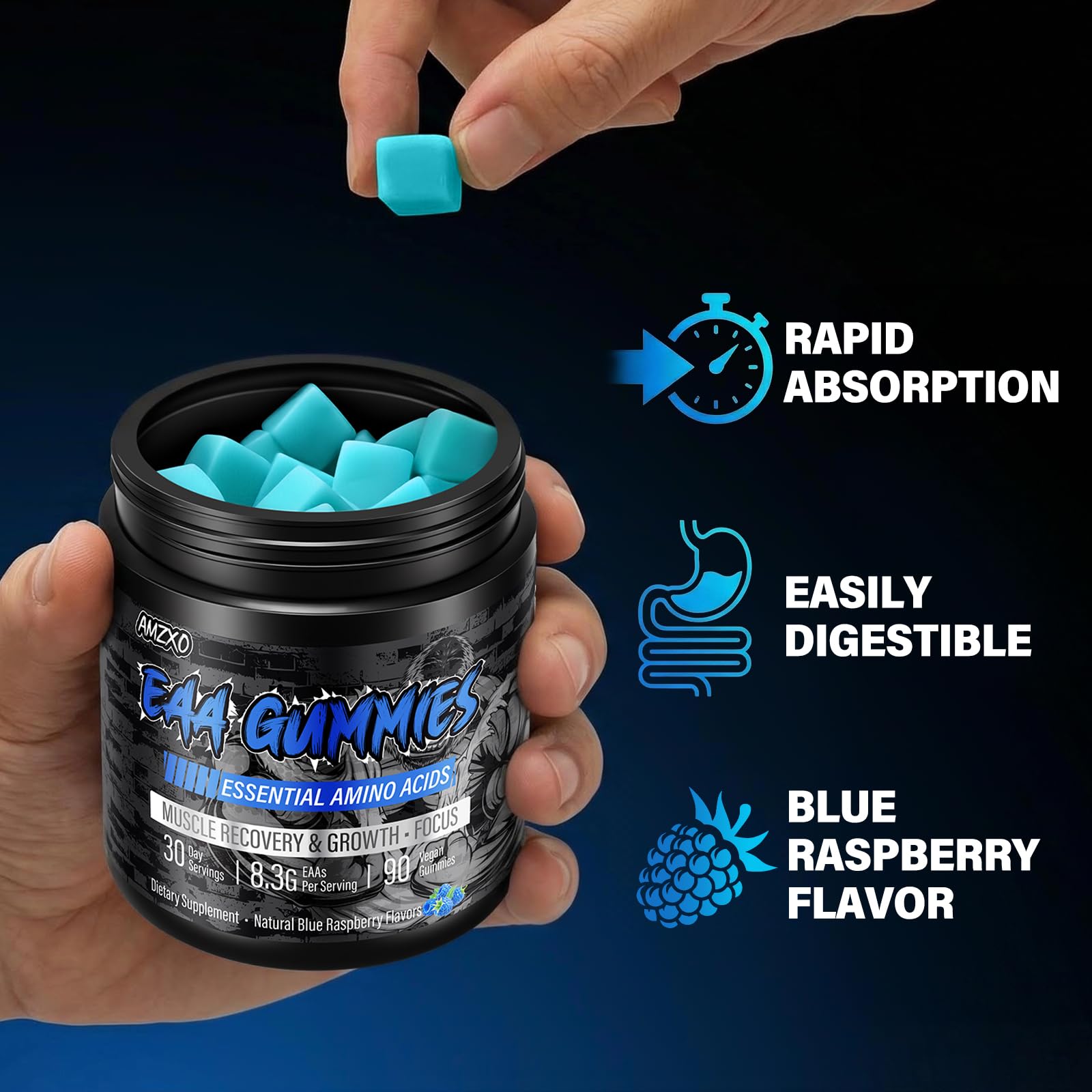 AMZXO EAA Gummies, presentacion de 90 gomitas, conveniente para llevar en la mochila.