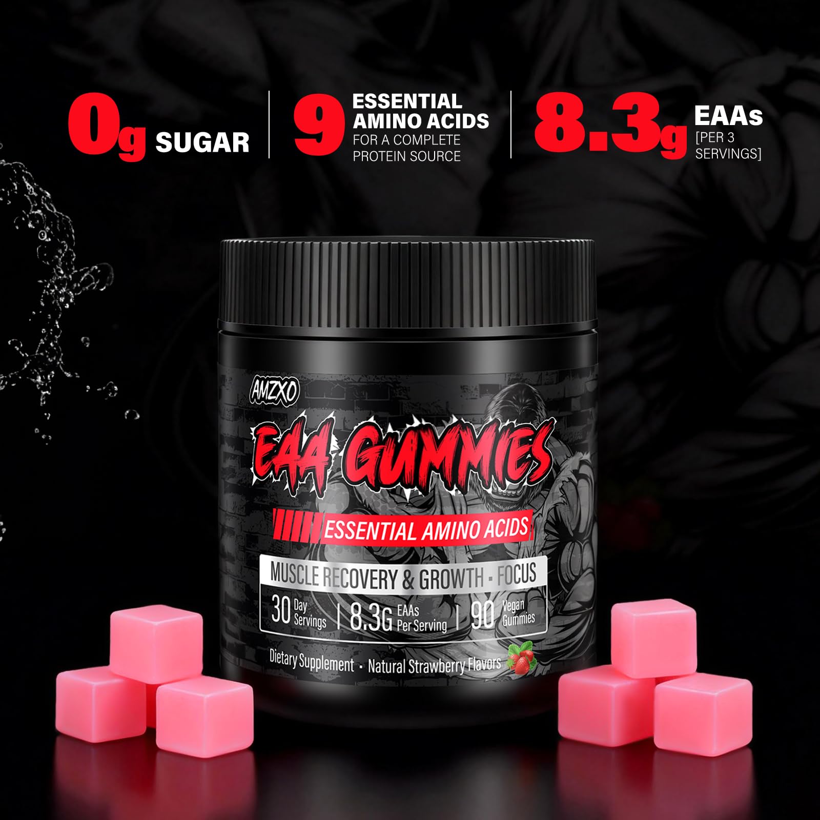 AMZXO EAA Gomitas con sabor fresa, dosis diaria para mantener el rendimiento.