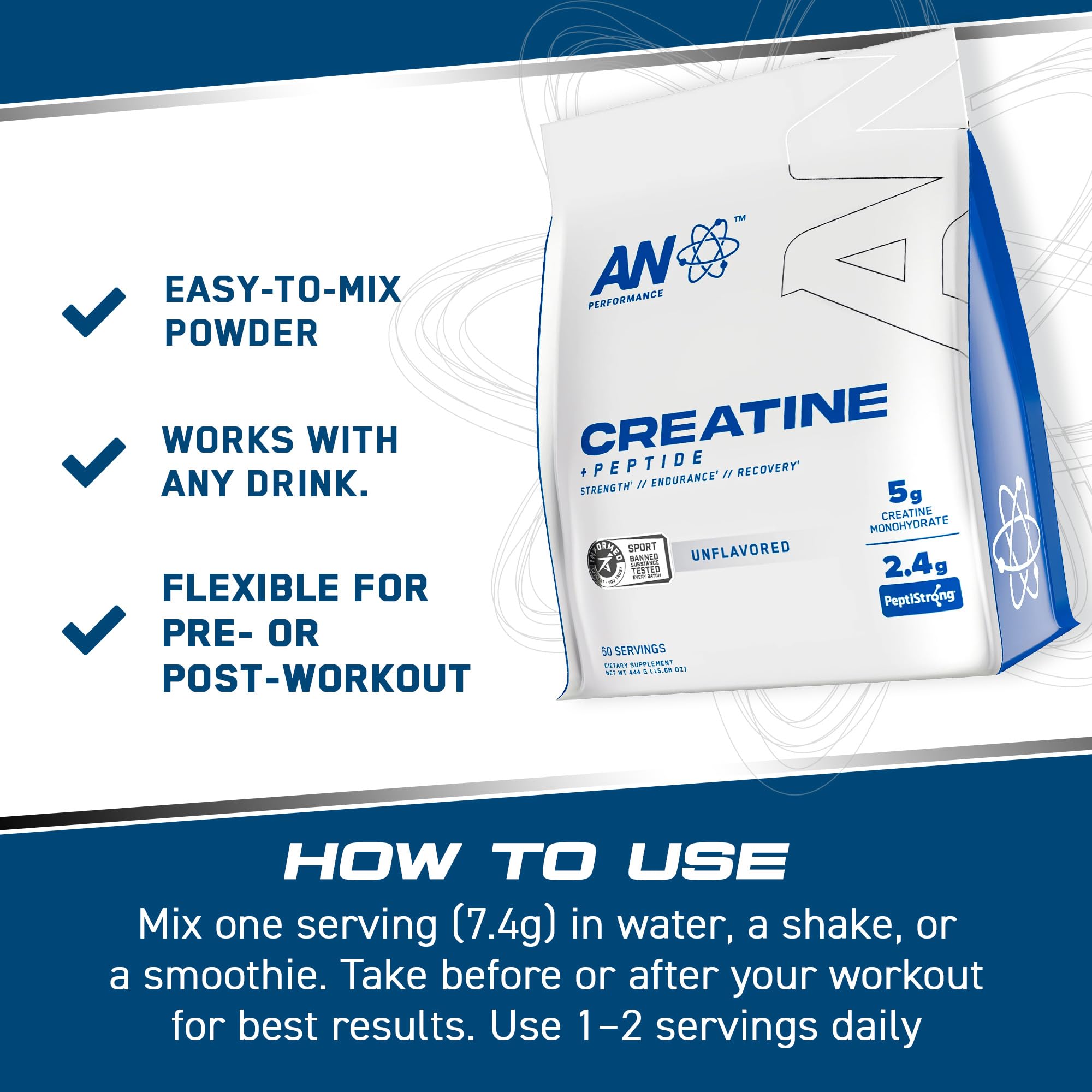 AN Performance Creatine monohidrato con ingredientes clave para crecimiento muscular.