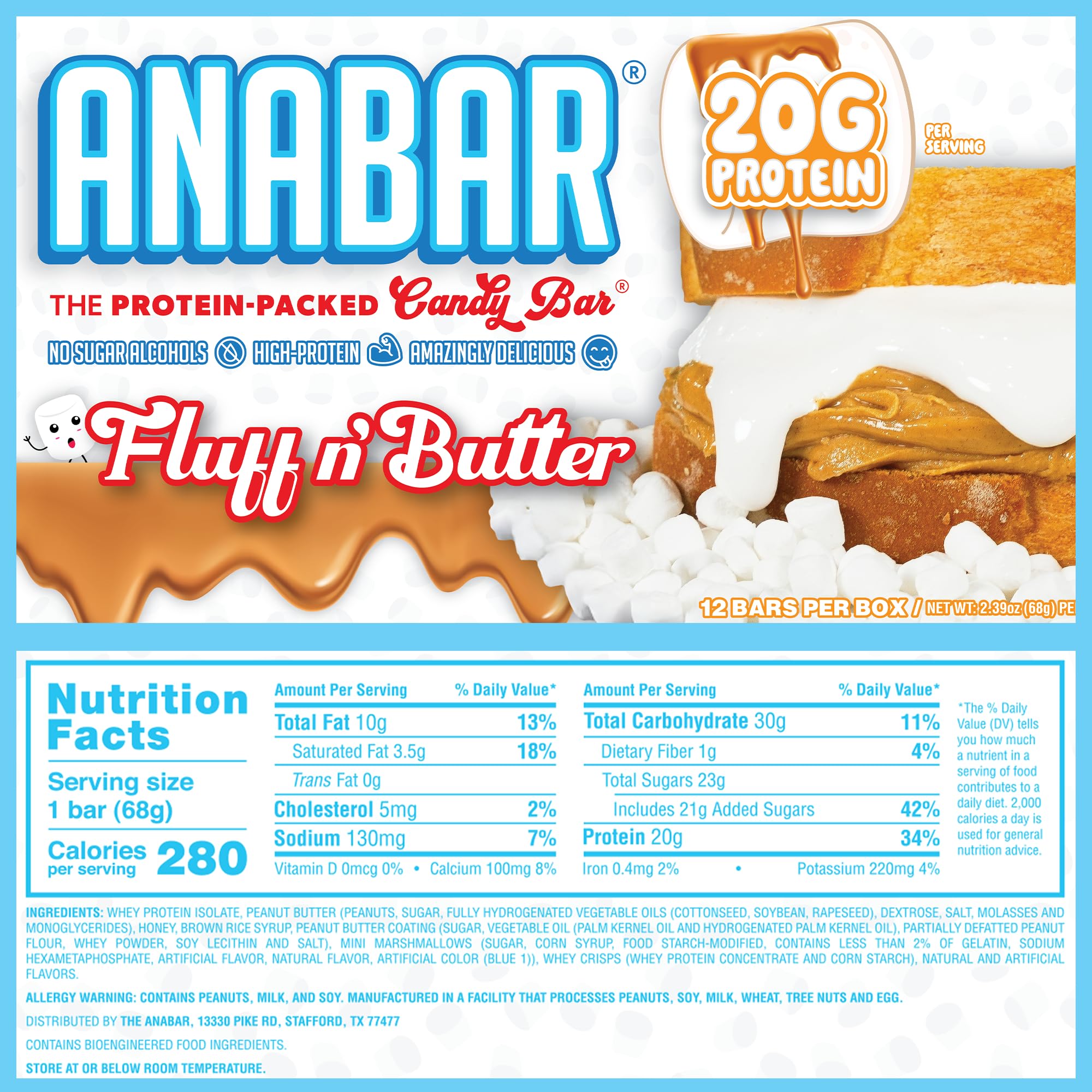 Barra Anabar con marshmallow y mantequilla de cacahuete, sabor indulgente.