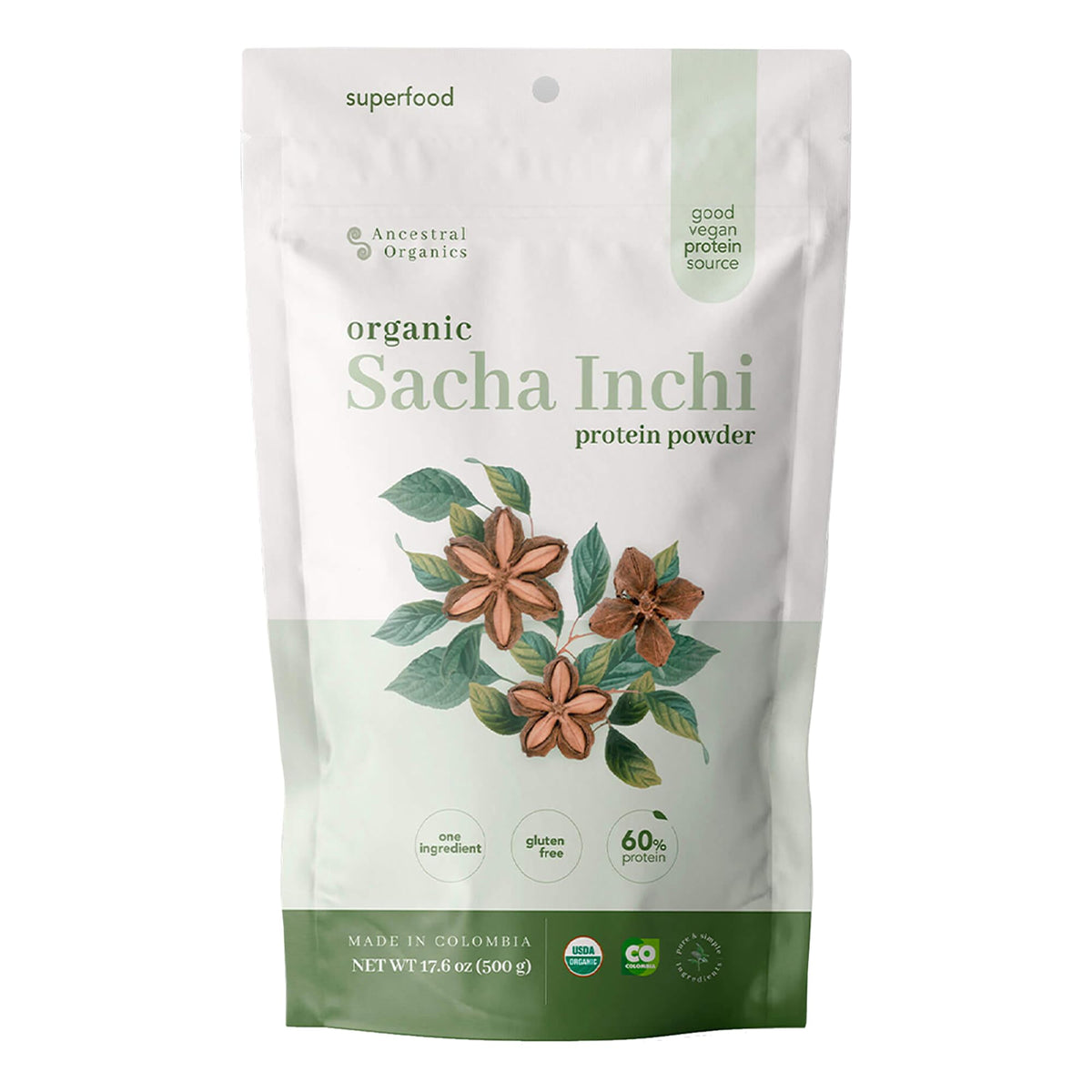 Proteína ANCESTRAL ORGANICS de Sacha Inchi en empaque, proteína vegetal completa
