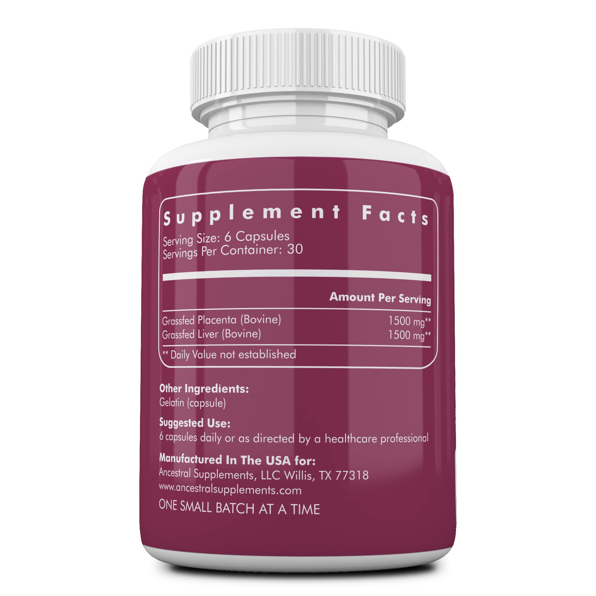 Ancestral Supplements botella cápsulas, formato práctico para consumo diario.