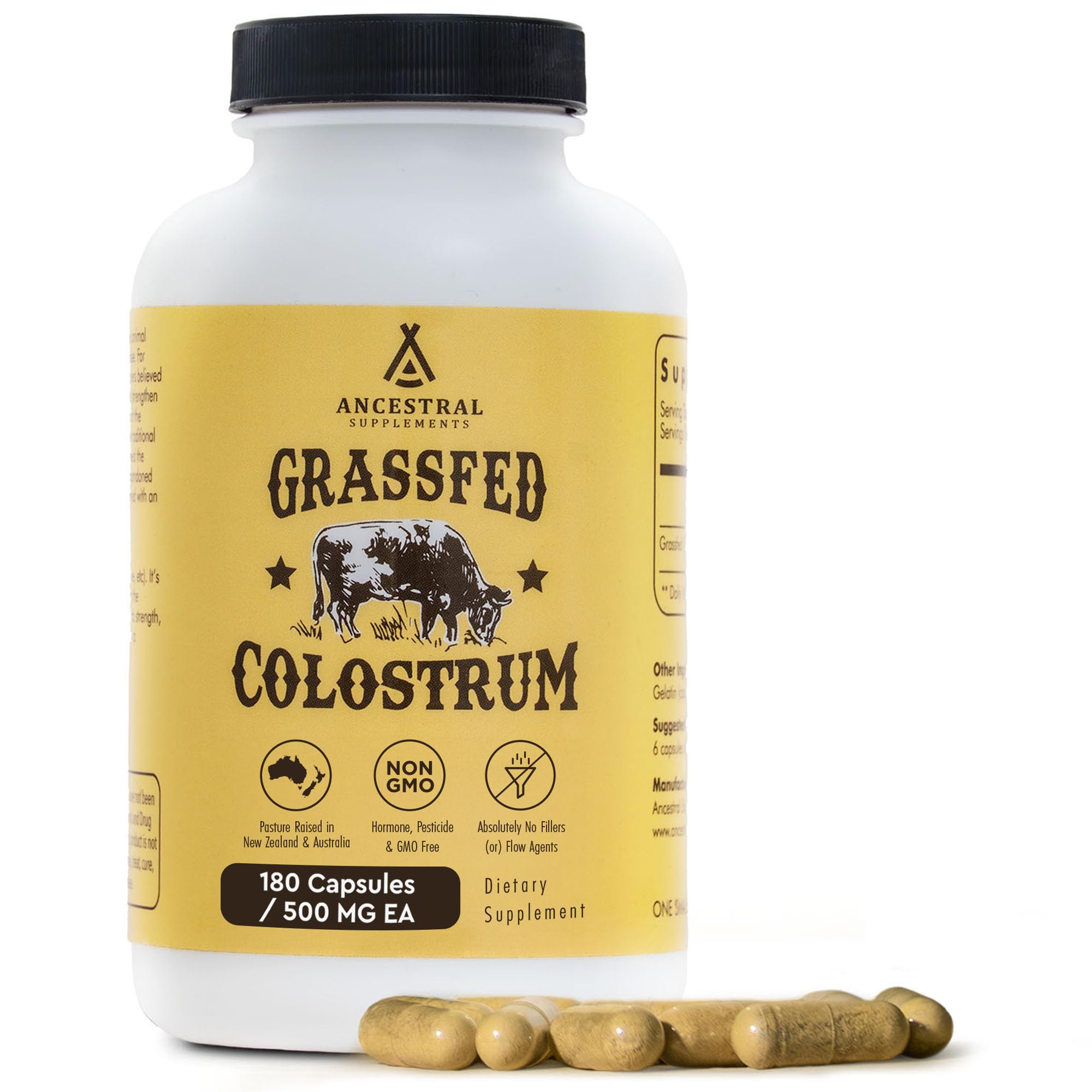 Ancestral Supplements Calostro cápsulas frente, enfoque en nutrición y apoyo general.