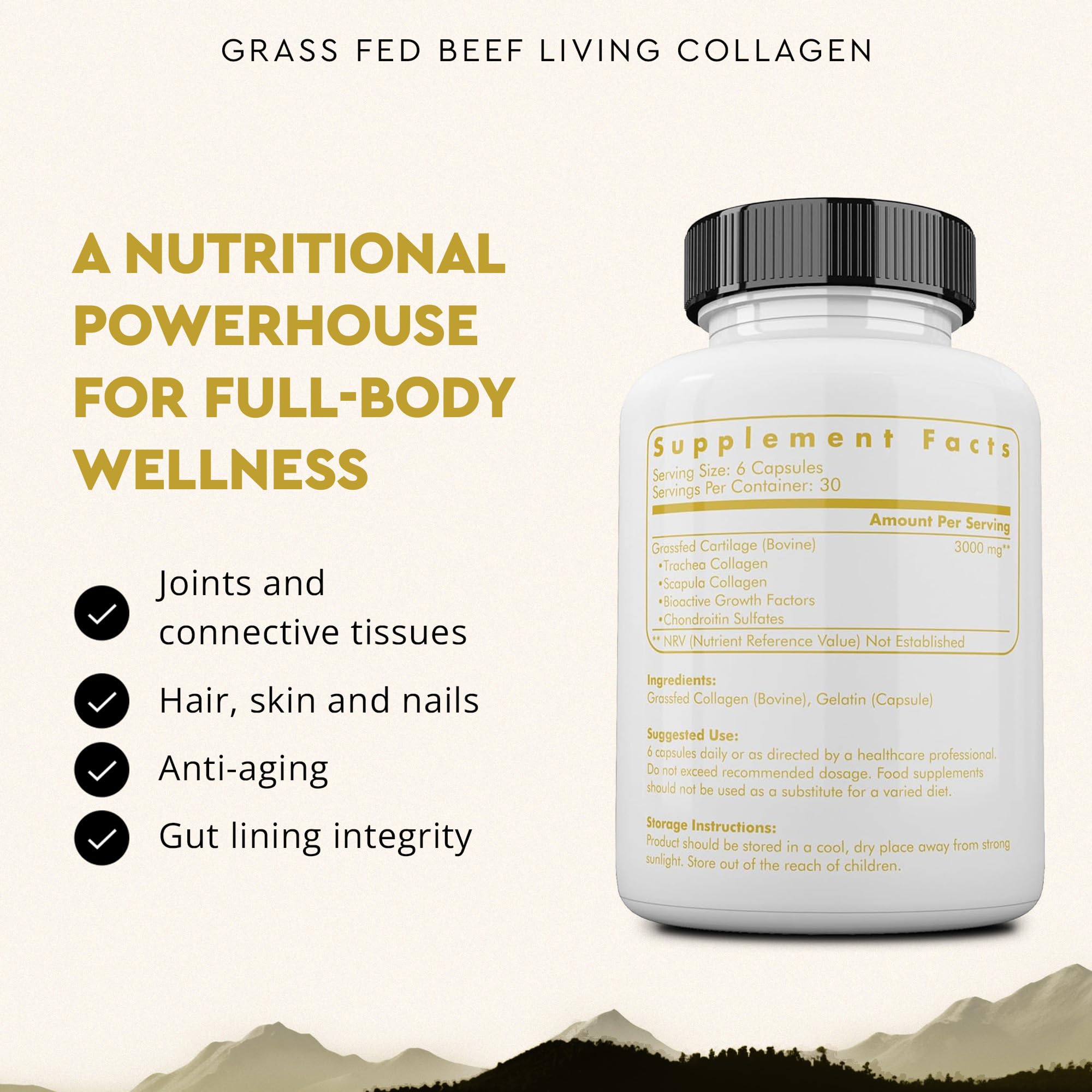 Ancestral Supplements Colágeno Vivo en cápsulas, dosis diaria de 3000 mg