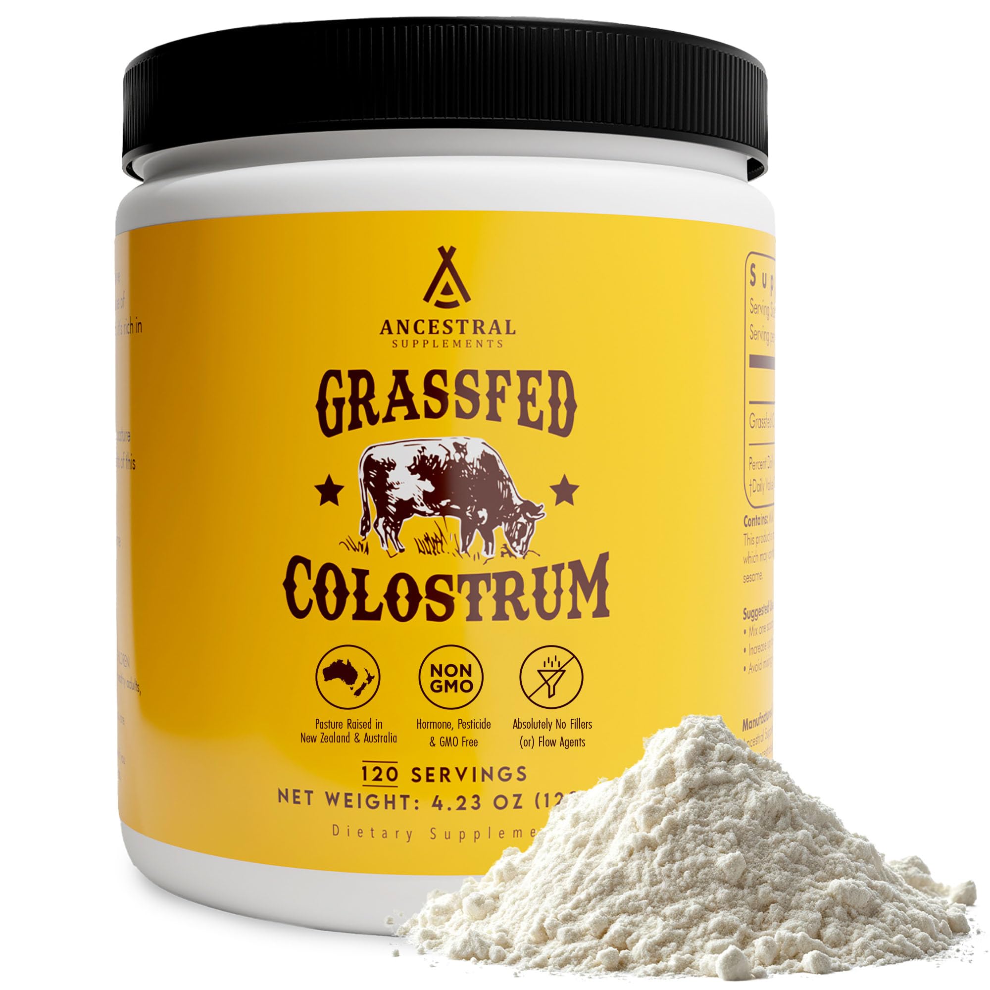 Ancestral Colostro polvo en frasco, posible apoyo a la salud intestinal.