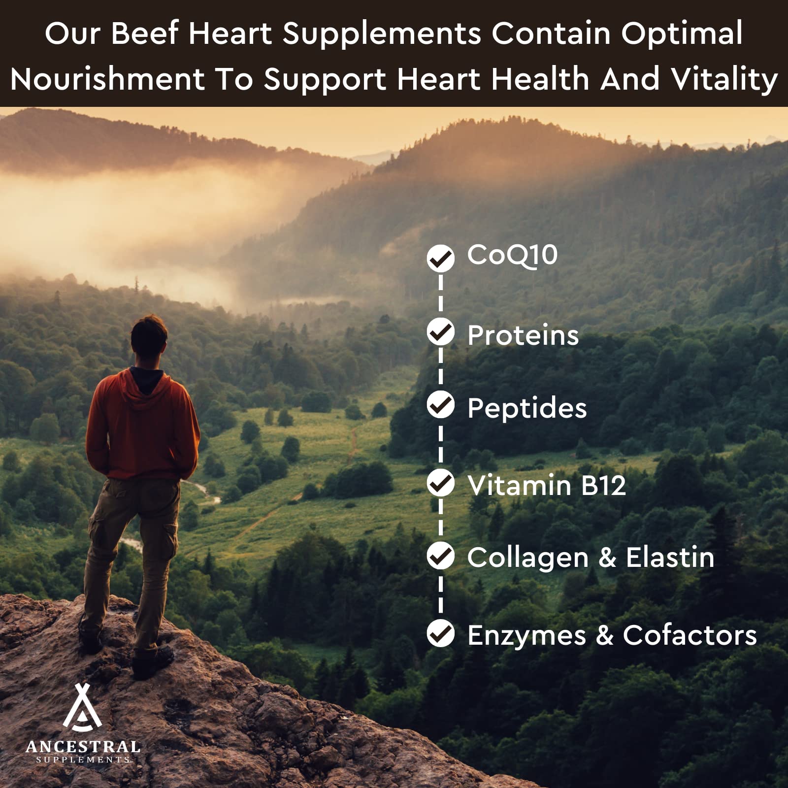 Ancestral Supplements Empaque y etiqueta: diseño claro y práctico para uso diario.
