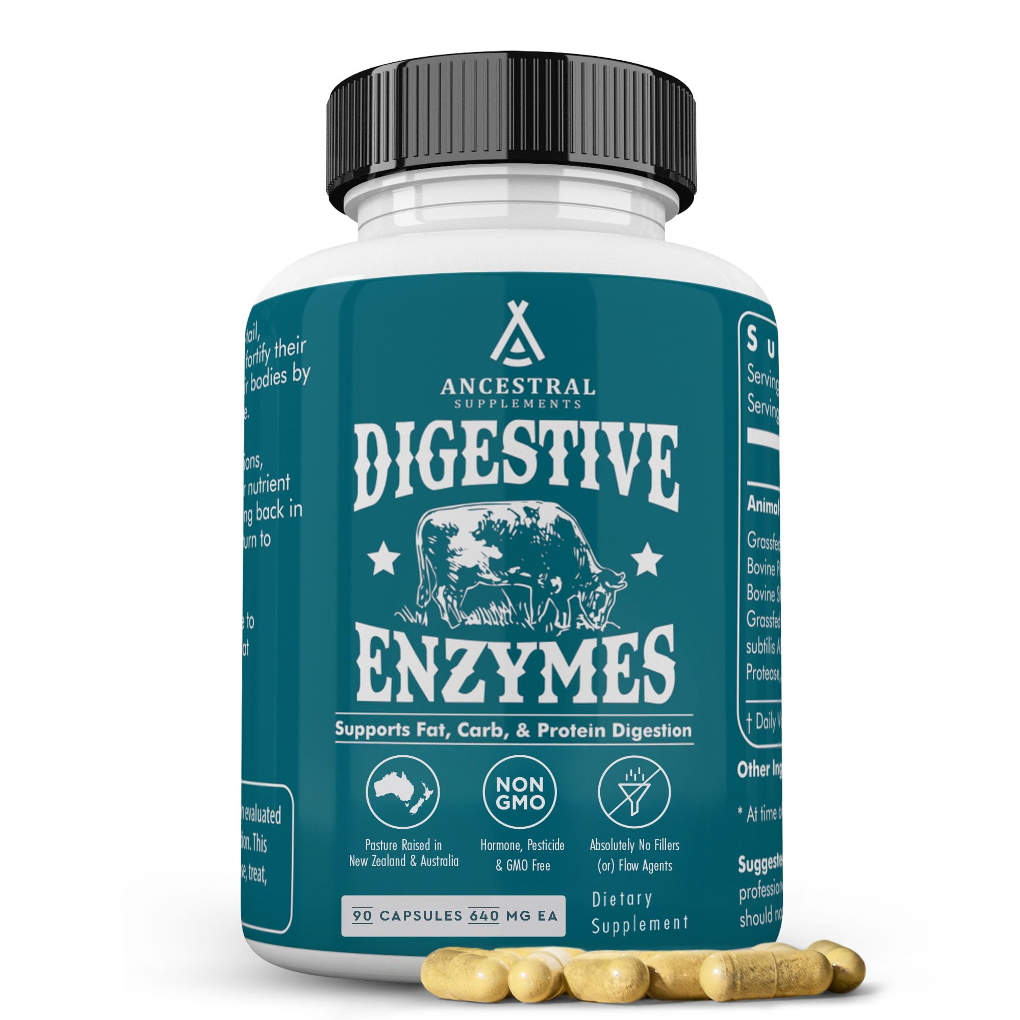 Ancestral Supplements cápsulas de enzimas digestivas para apoyar la digestión diaria.