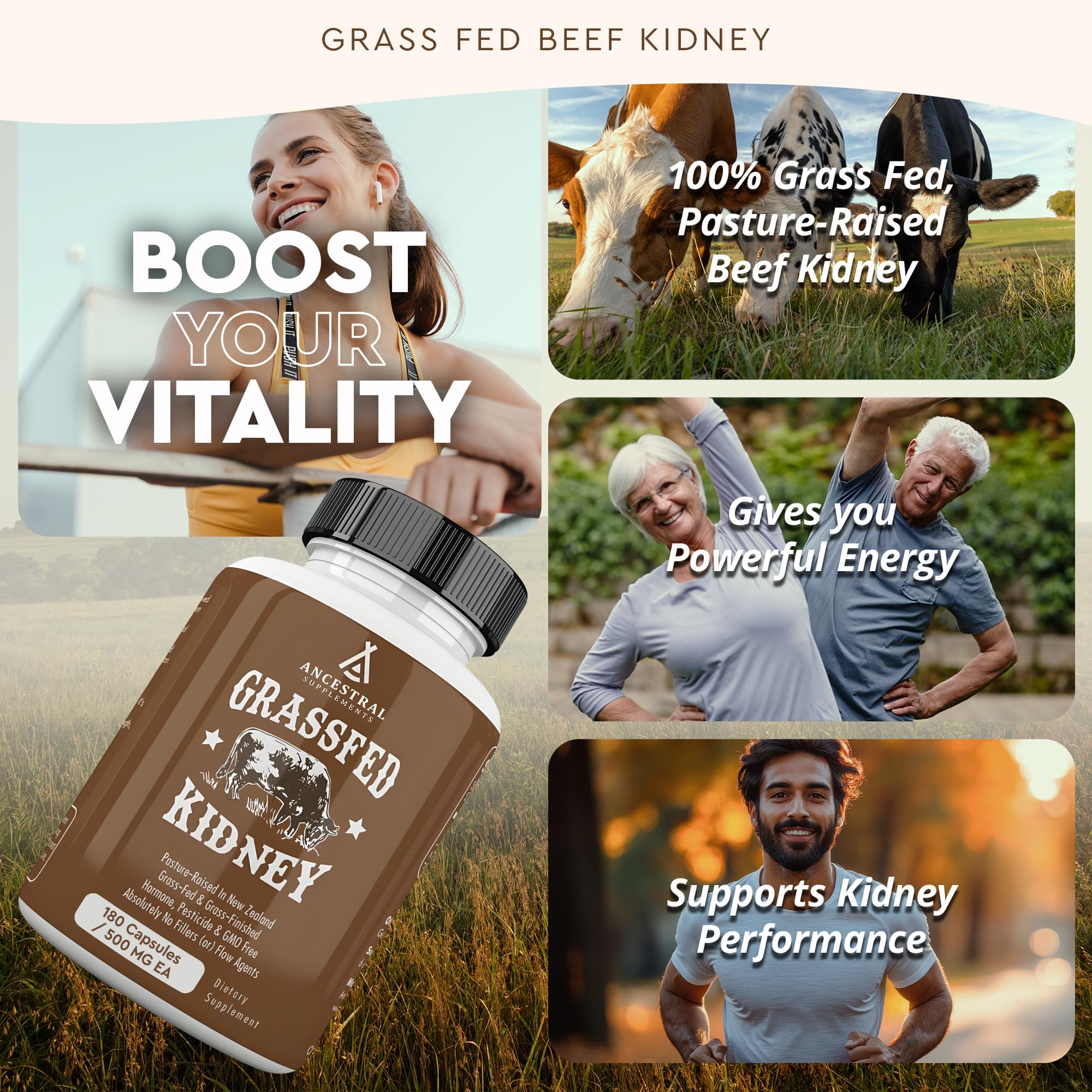 Etiqueta del riñón de vaca Ancestral Supplements con información de pureza.