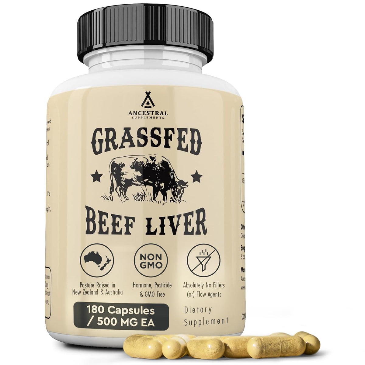 Ancestral Supplements Higado de res frasco: cápsulas fáciles de tomar para apoyo diario de energía.