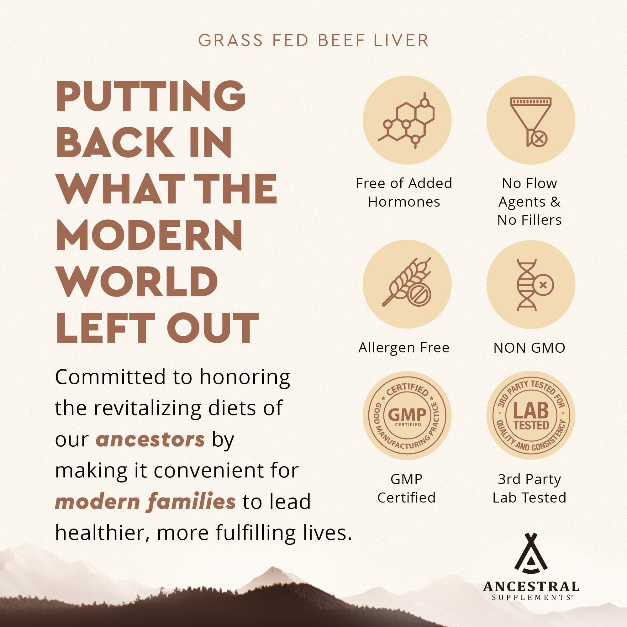 Ancestral Supplements Higado de res proceso liofilizado: conserva nutrientes clave y aroma suave.