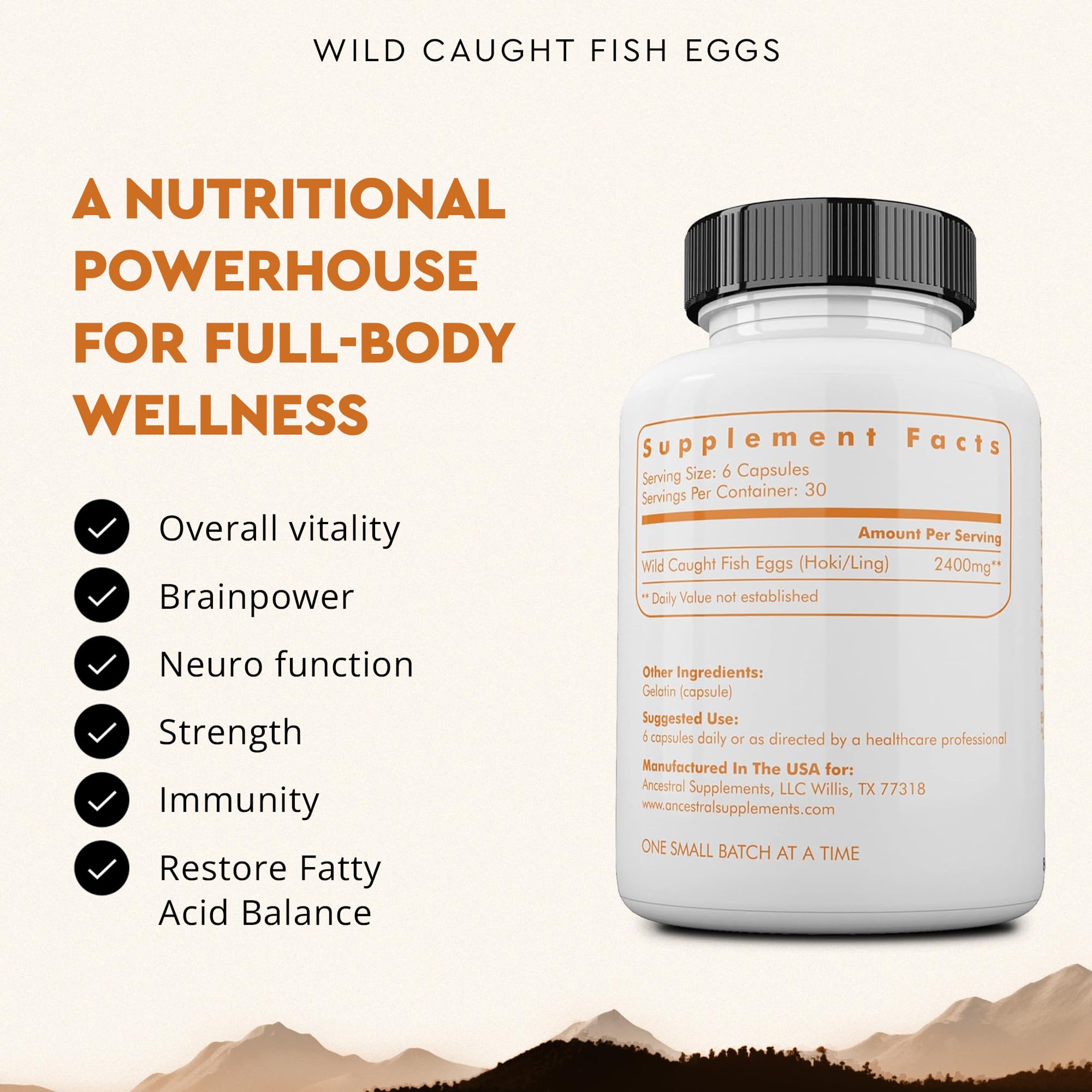 Ancestral Supplements etiqueta-marca huevas de pescado salvajes para apoyo nutricional diario