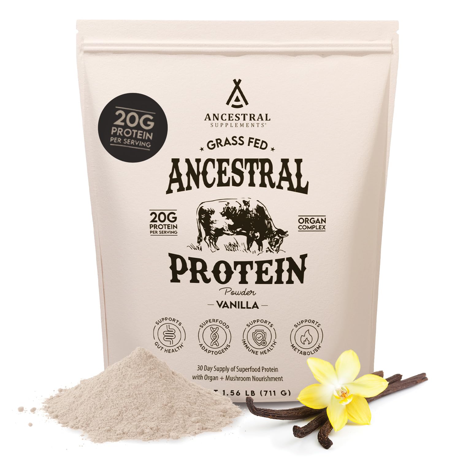 Ancestral Supplements proteína de hueso vacuno vainilla en vaso, ideal para batidos