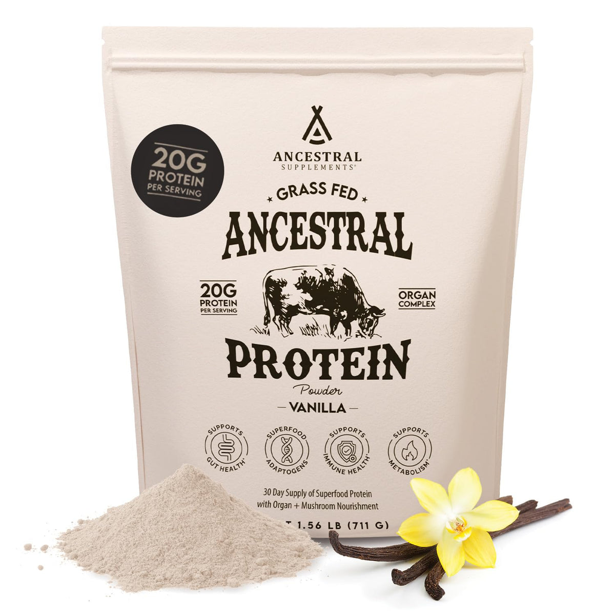 Ancestral Supplements proteína de hueso vacuno vainilla en vaso, ideal para batidos