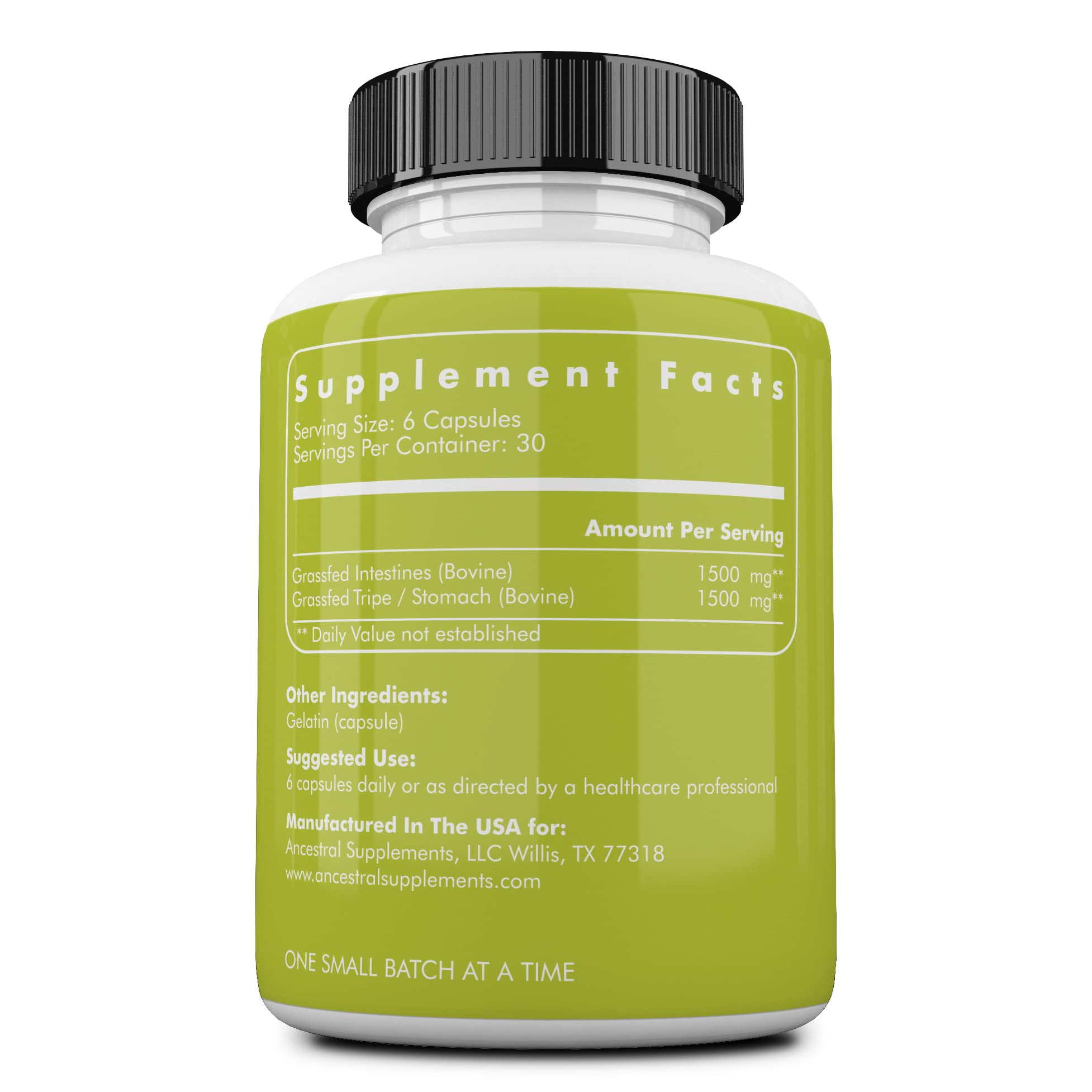 Ancestral Supplements Tripa Bovina etiqueta con nutrientes clave para la digestión.