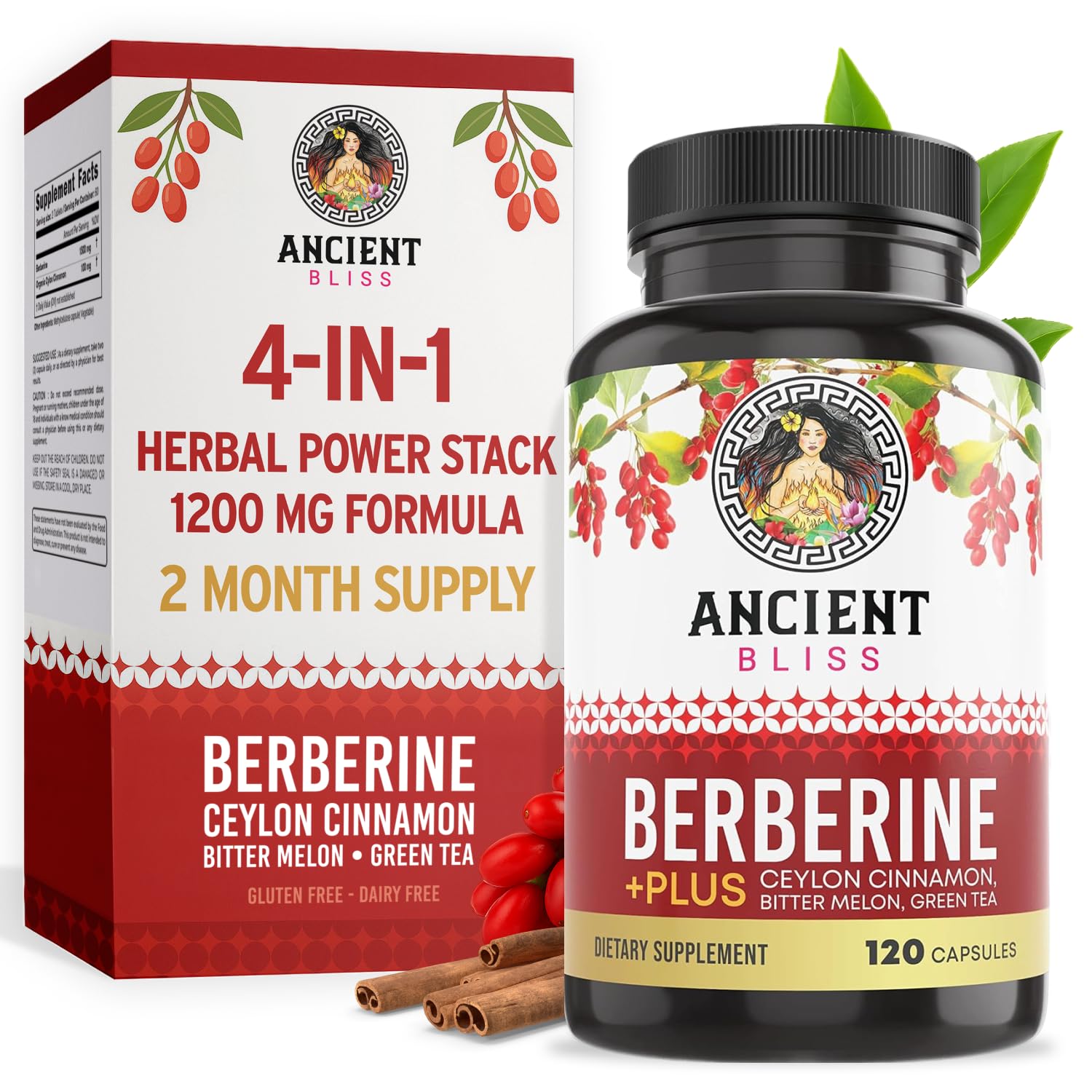 Ancient Bliss Berberine HCL 1200mg en cápsulas para apoyo diario del bienestar.