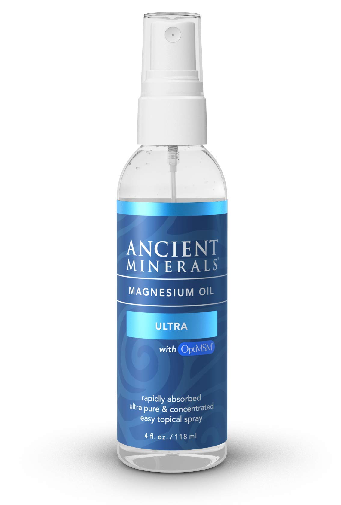 Ancient Minerals Aceite Magnesio Ultra MSM en botella para uso tópico.
