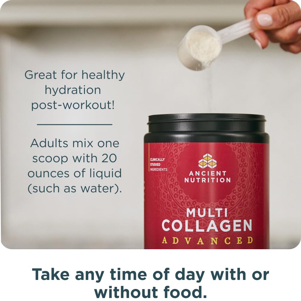 Ancient Nutrition Advanced Multi Collagen Hydrate, envase con tapa hermética para almacenamiento.