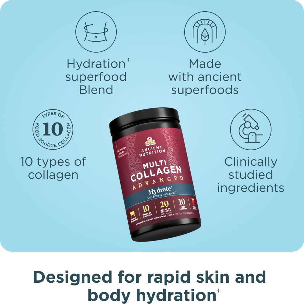 Etiqueta de Ancient Nutrition Advanced Multi Collagen Hydrate con sabor frutos rojos y logo visible