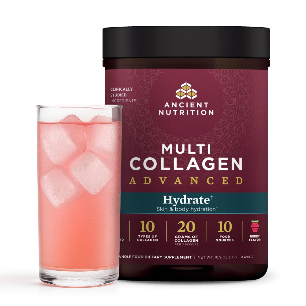 Ancient Nutrition Advanced Multi Collagen Hydrate, polvo de frutos rojos en pote para hidratación diaria