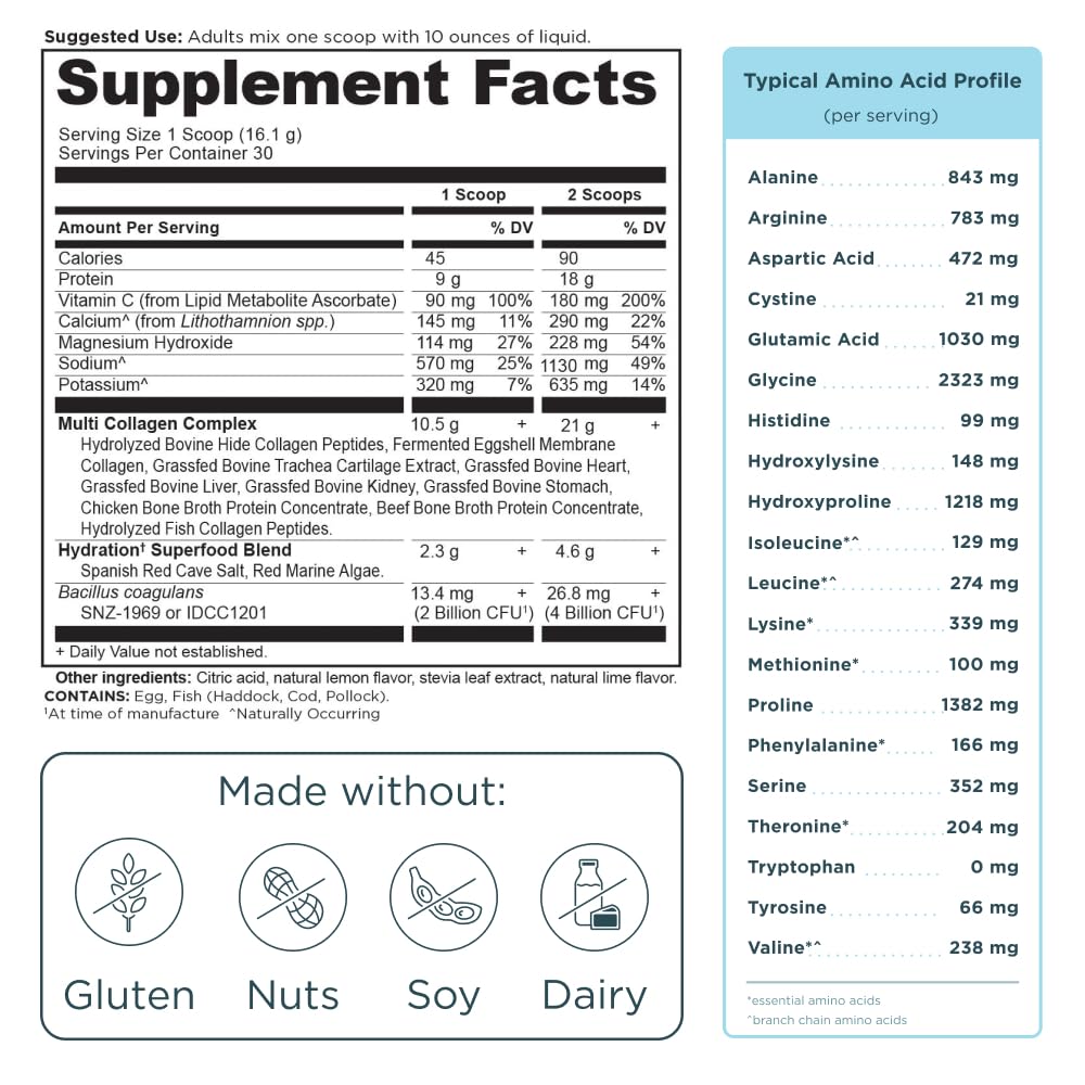 Ancient Nutrition Advanced Multi Collagen Hydrate, ingredientes con sal de cueva y algas rojas.