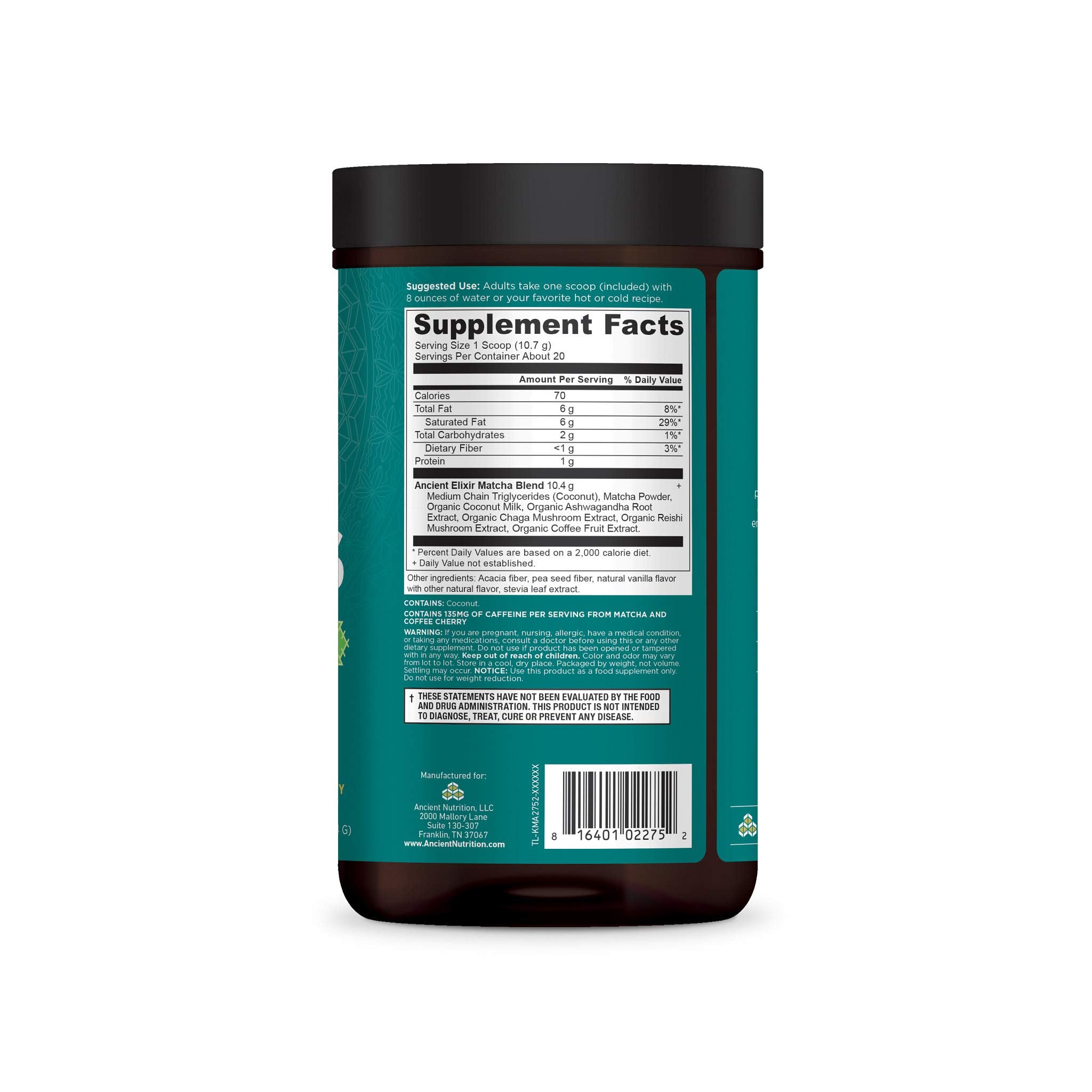 Embalaje de 20 porciones de Ancient Elixirs Matcha, práctico para la rutina diaria.
