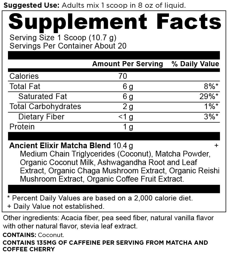 Gotas de MCT mezcladas con Ancient Elixirs Matcha para energía sostenida.