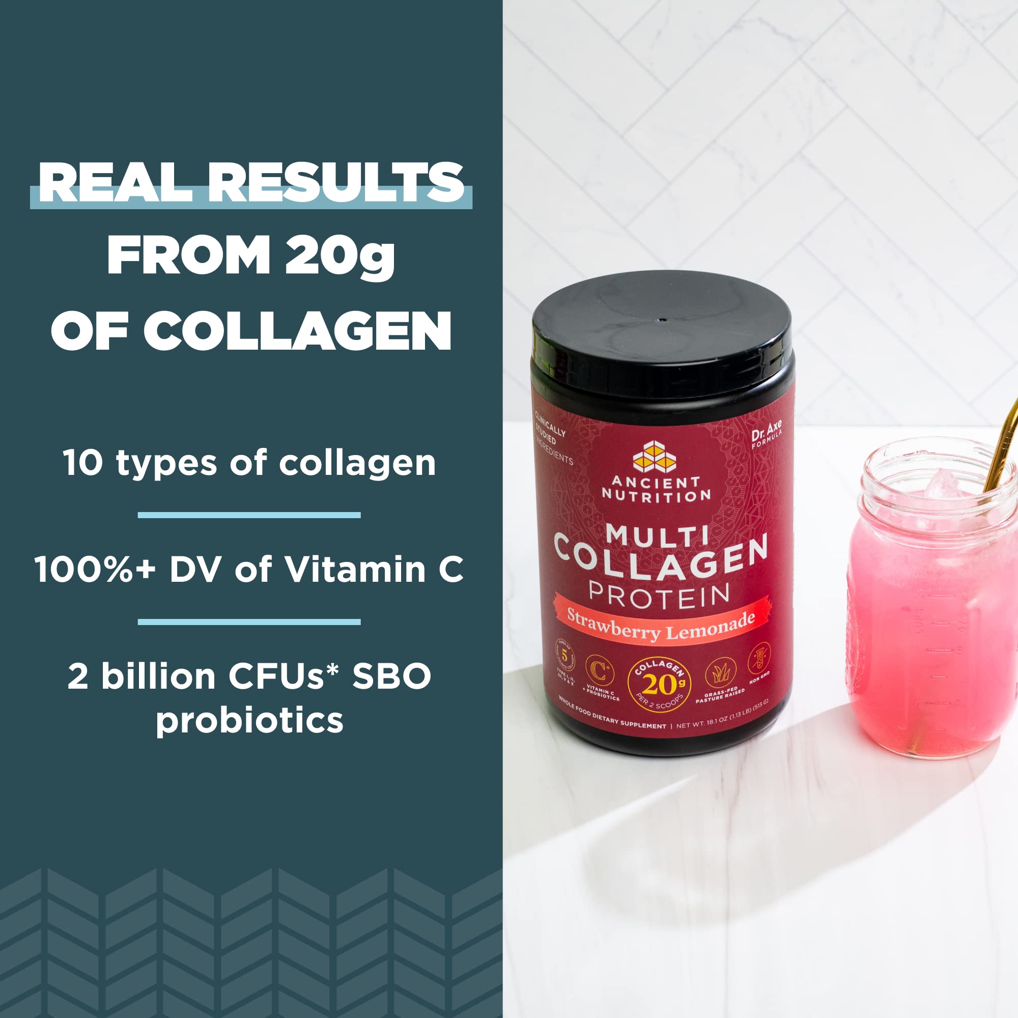 Ancient Nutrition bebida con colágeno multi, sabor fresa-limón, lista para tomar