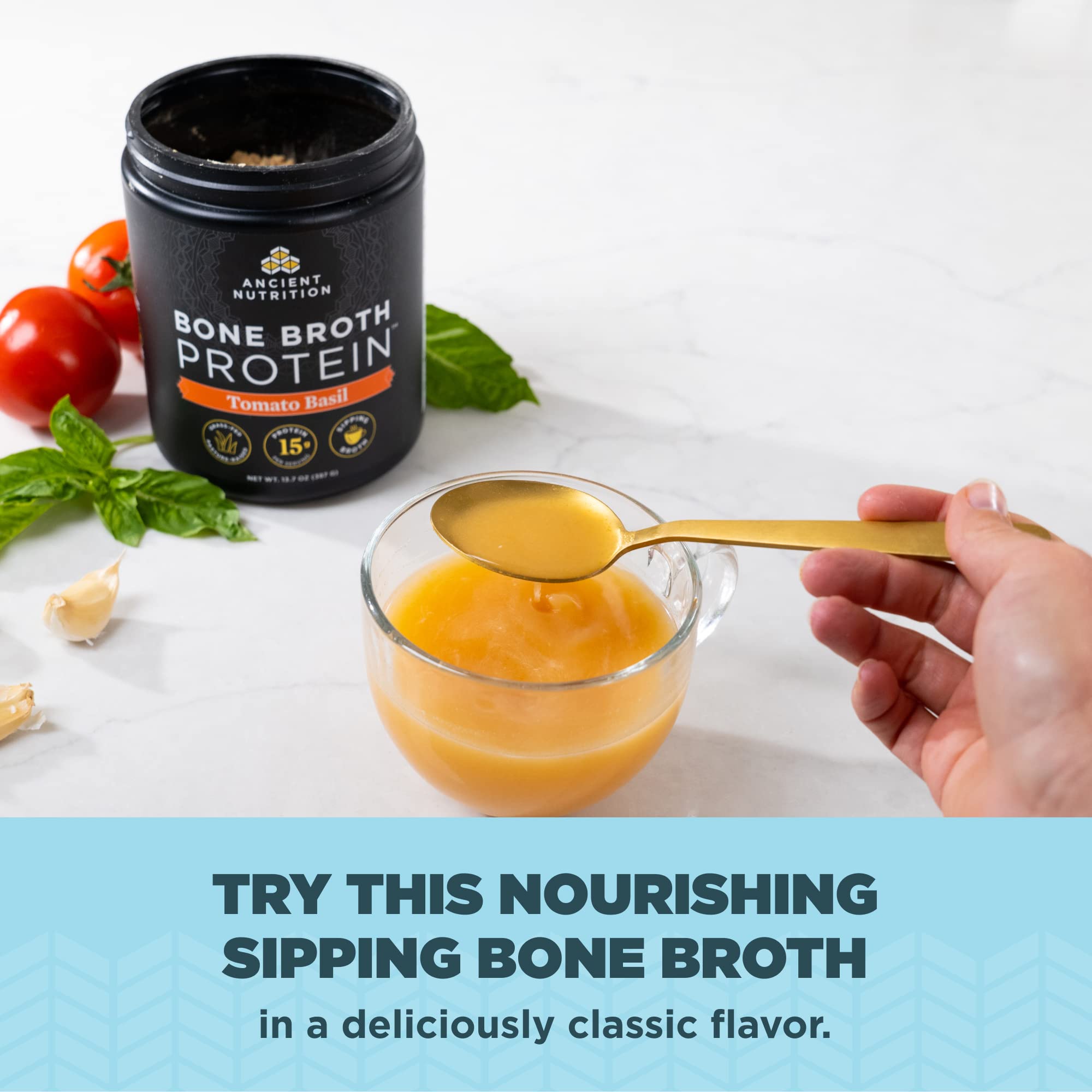 Ancient Nutrition Caldo Óseo venta visual de ingredientes y perfil proteico