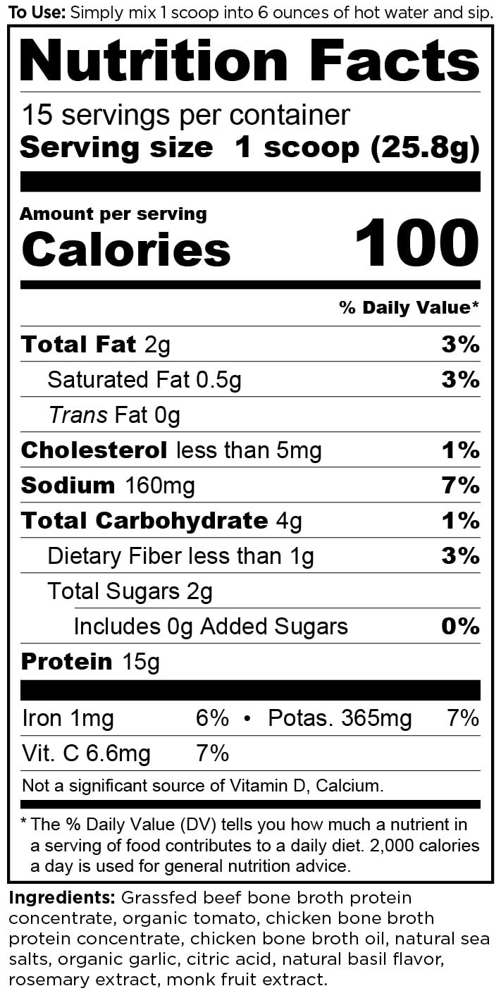 Ancient Nutrition Caldo Óseo tomate albahaca, etiqueta legible para identificar sabor y beneficios