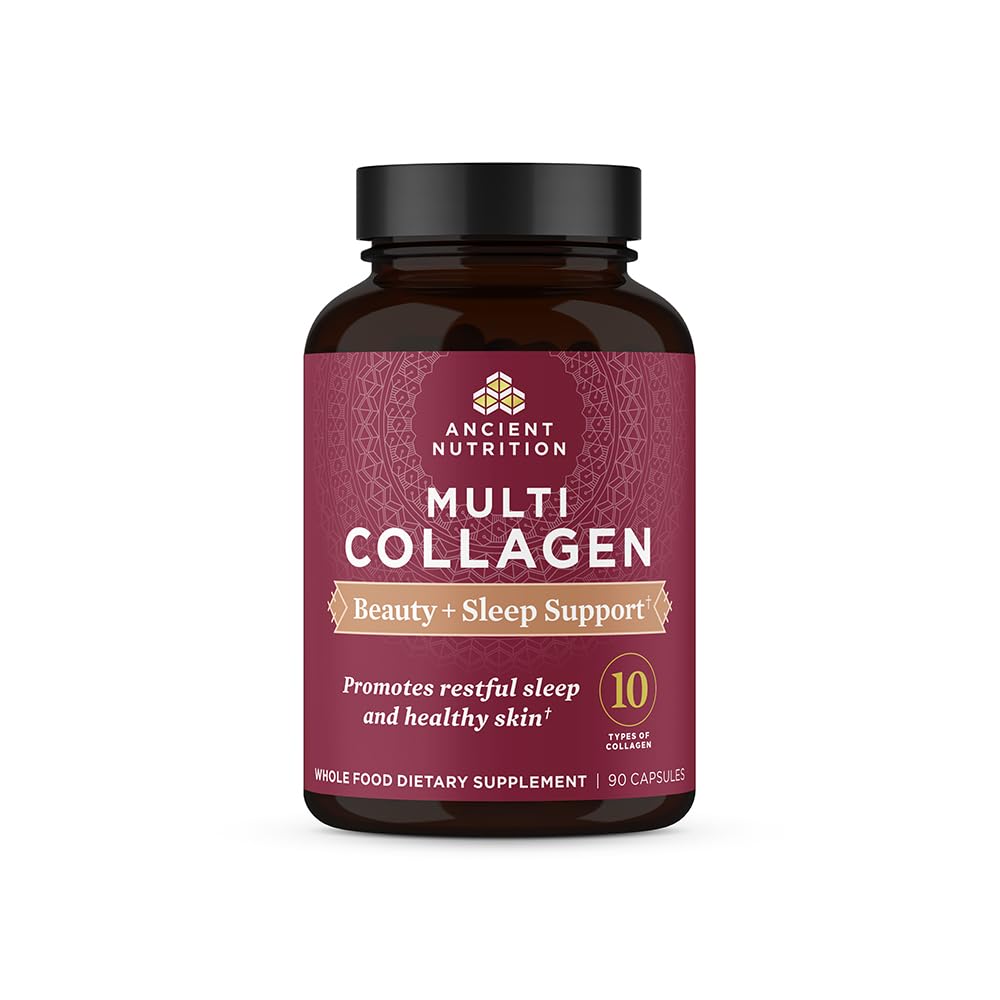 Ancient Nutrition cápsulas de colágeno en bote para cuidado diario de piel y uñas.