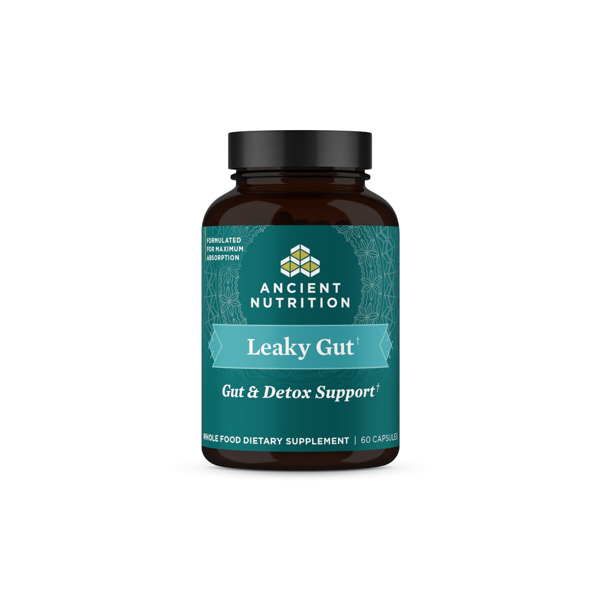 Ancient Nutrition cápsulas para intestino permeable, botella frontal, posible apoyo digestivo.