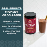 Batido cremoso con Ancient Nutrition Colágeno Chocolate, listo para consumo.