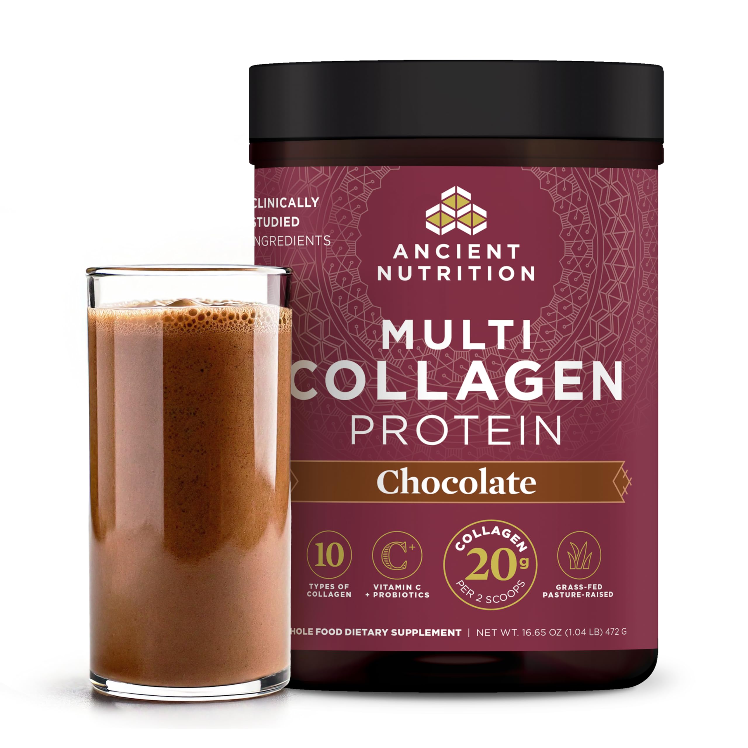 Ancient Nutrition Colágeno Chocolate en lata para apoyar piel y uñas.
