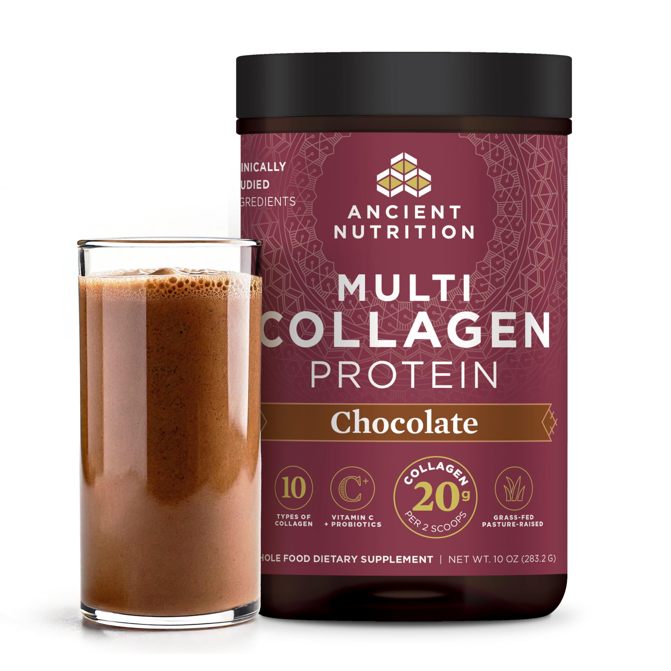 Ancient Nutrition colageno multi-proteina chocolate en tubo para uso diario.