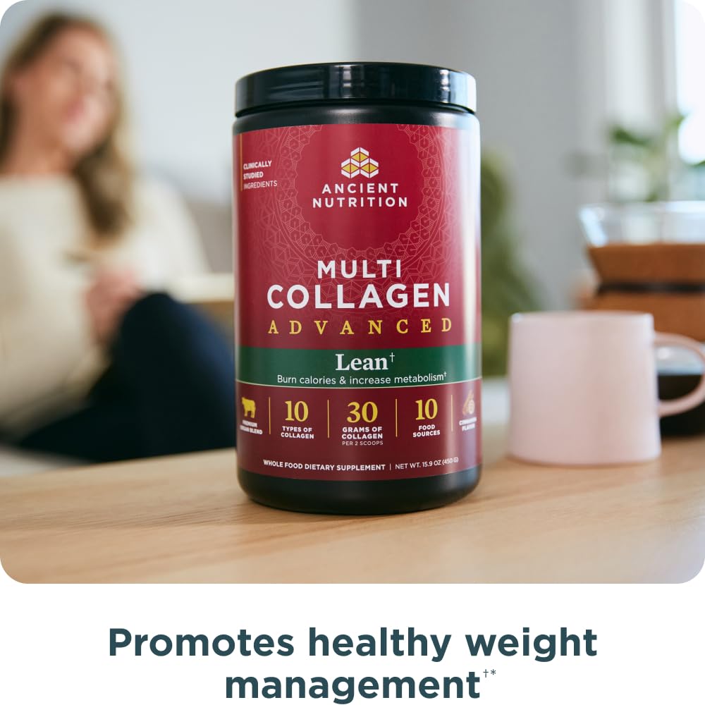 Ancient Nutrition colágeno péptidos, etiqueta con canela destacada.