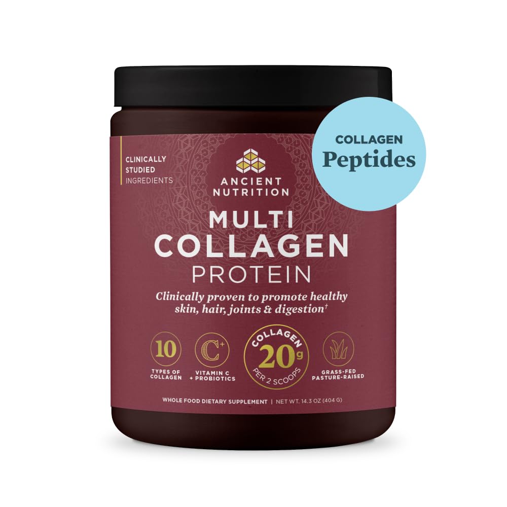 Ancient Nutrition Colágeno polvo sin sabor para uso diario en bebidas y piel.