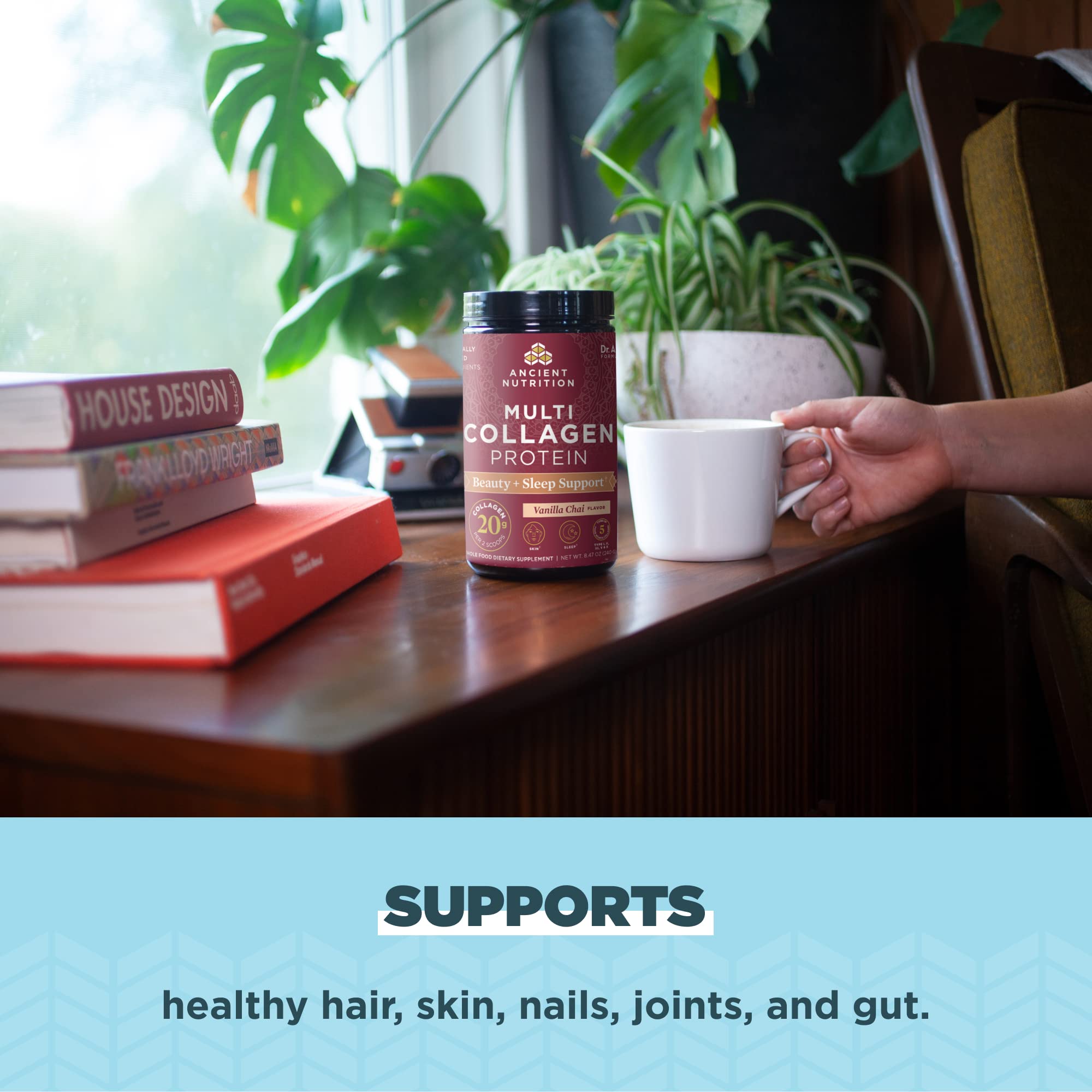 Ancient Nutrition dosis para incorporar en bebidas.