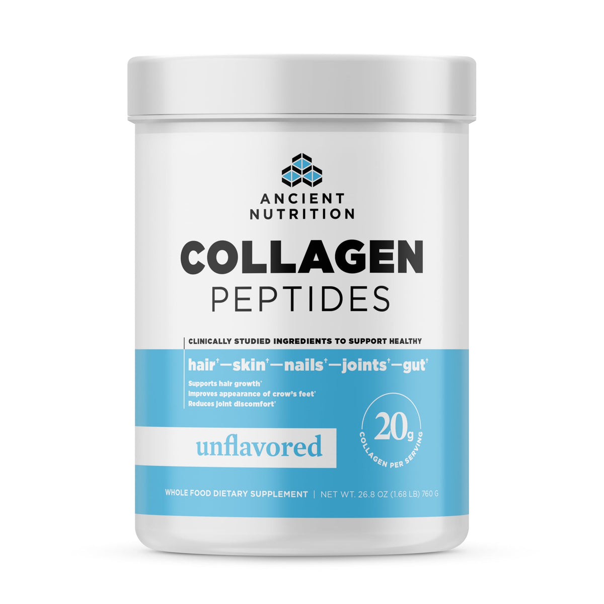 Ancient Nutrition Collagen Peptides: bote sin sabor para mezclar en agua y apoyar piel.