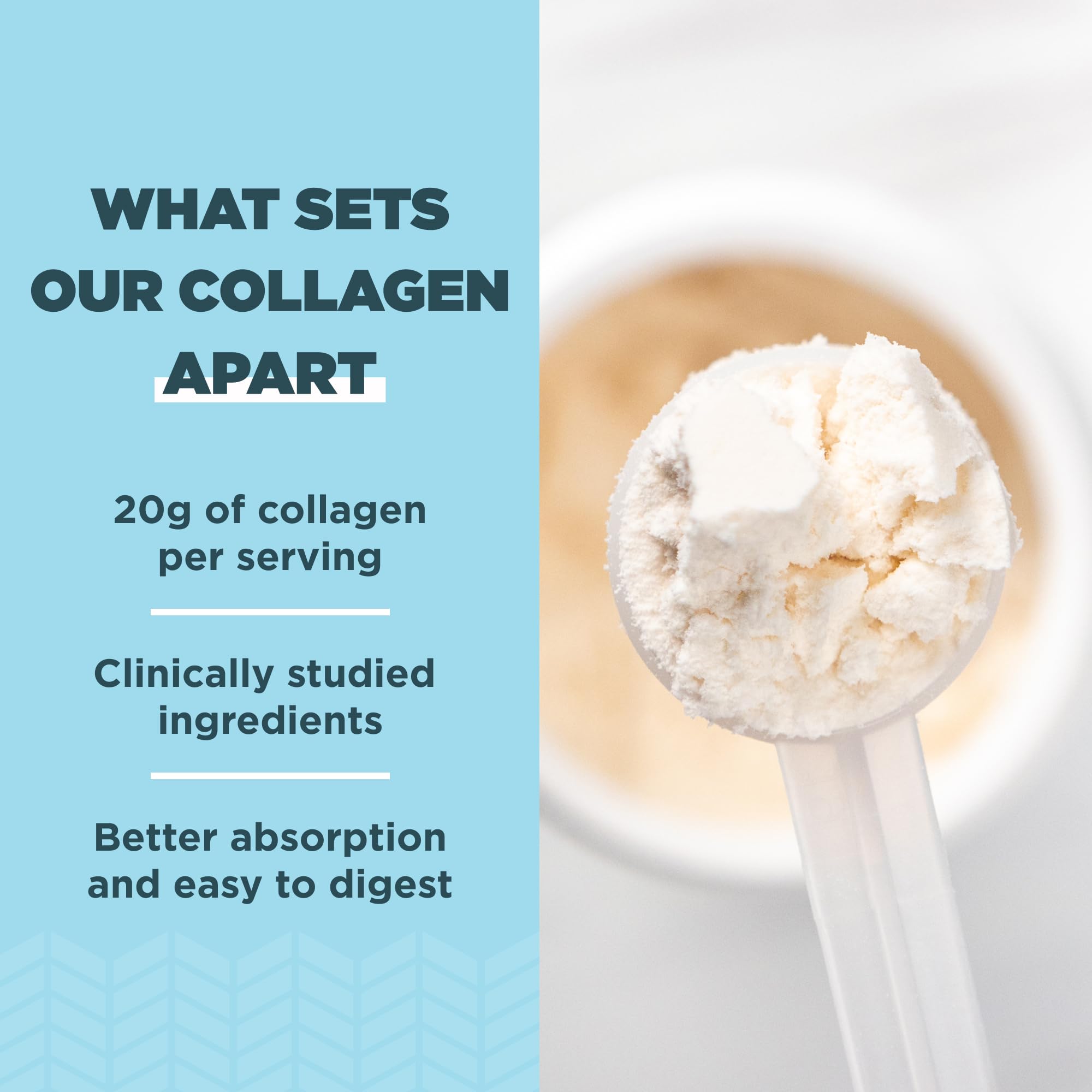 Cucharita medida de Ancient Nutrition Collagen Peptides junto a vaso, dosis diaria práctica.