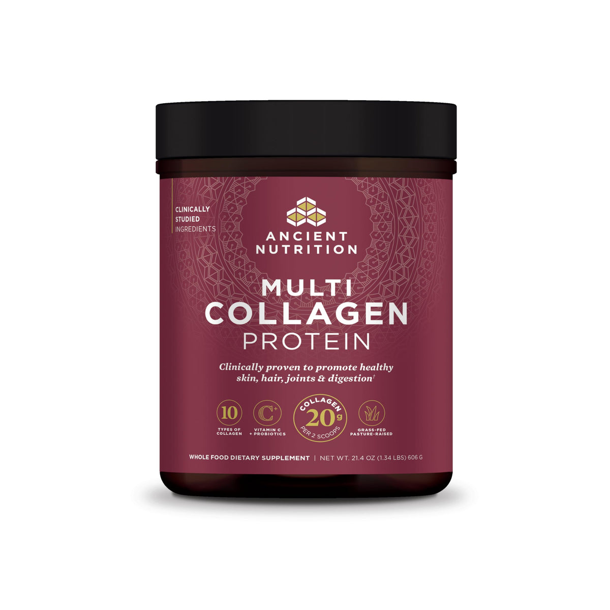 Ancient Nutrition Collagen Peptides powder in a jar for daily skin and joint support.