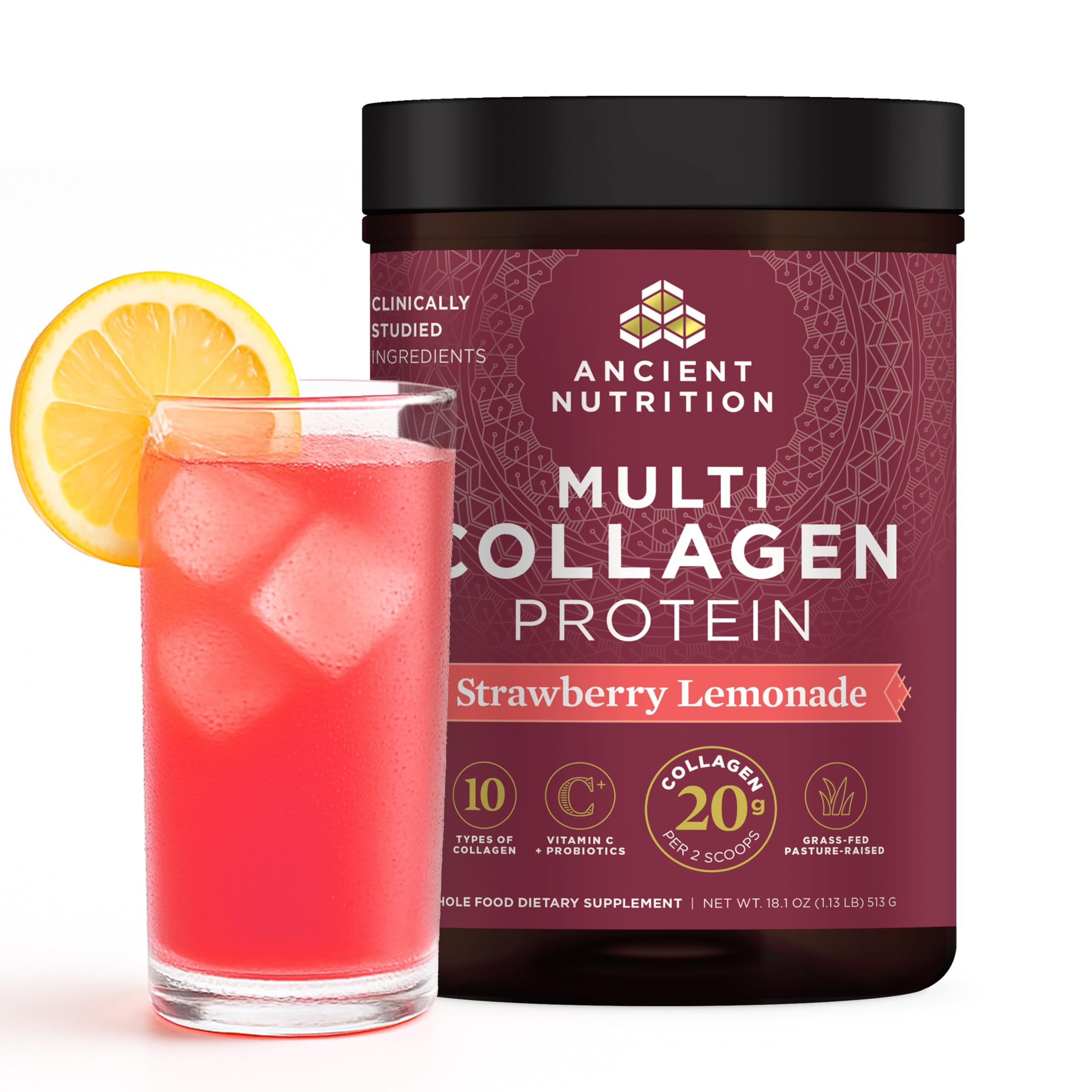 Ancient Nutrition colágeno probiótico en bebida fresa limón para piel y uñas.