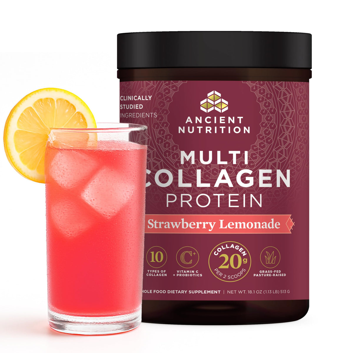 Ancient Nutrition colágeno probiótico en bebida fresa limón para piel y uñas.