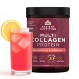 Ancient Nutrition colágeno probiótico en bebida fresa limón para piel y uñas.