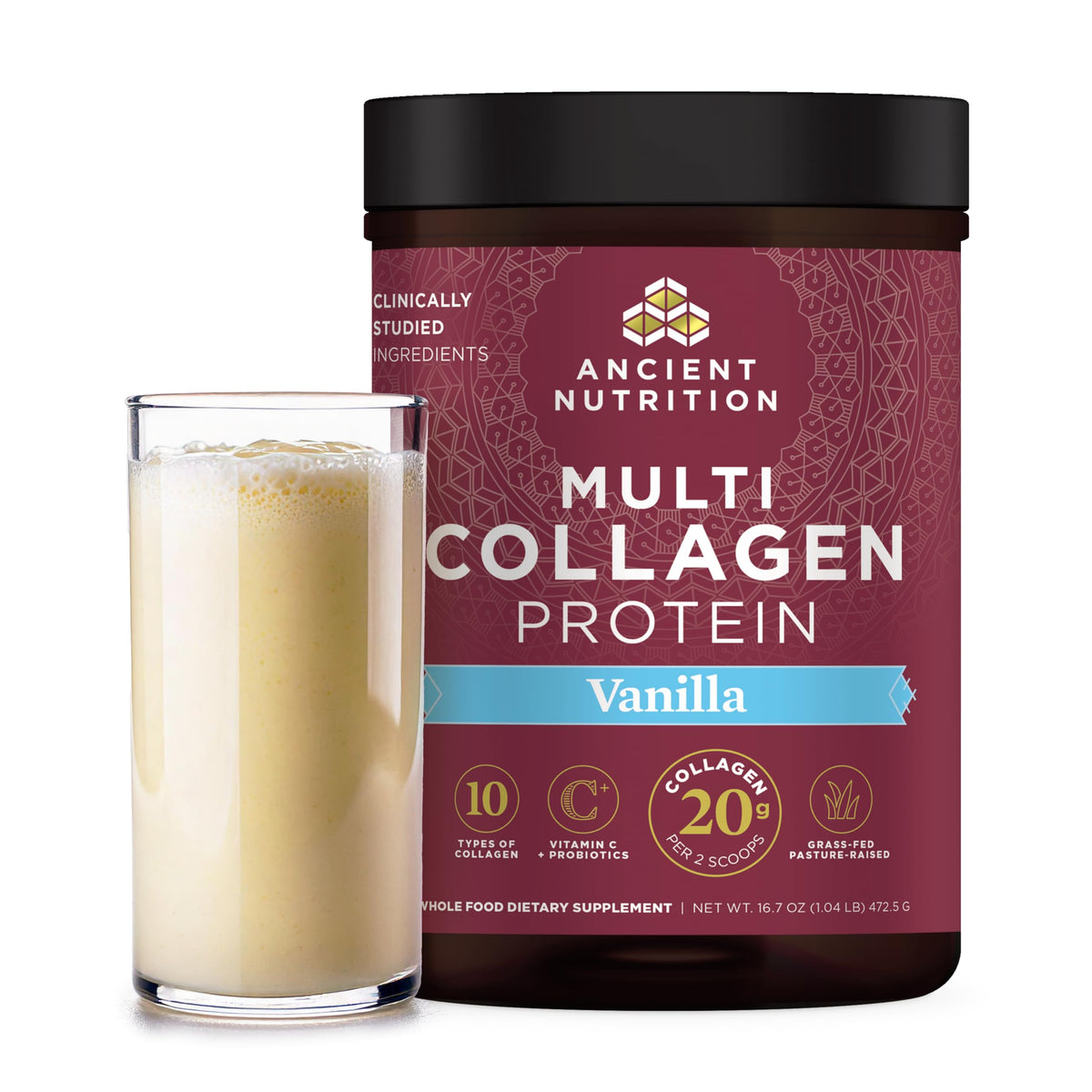 Ancient Nutrition Colágeno Vanilla, tubo de 45 porciones para batidos diarios y apoyo a piel, cabello y uñas.