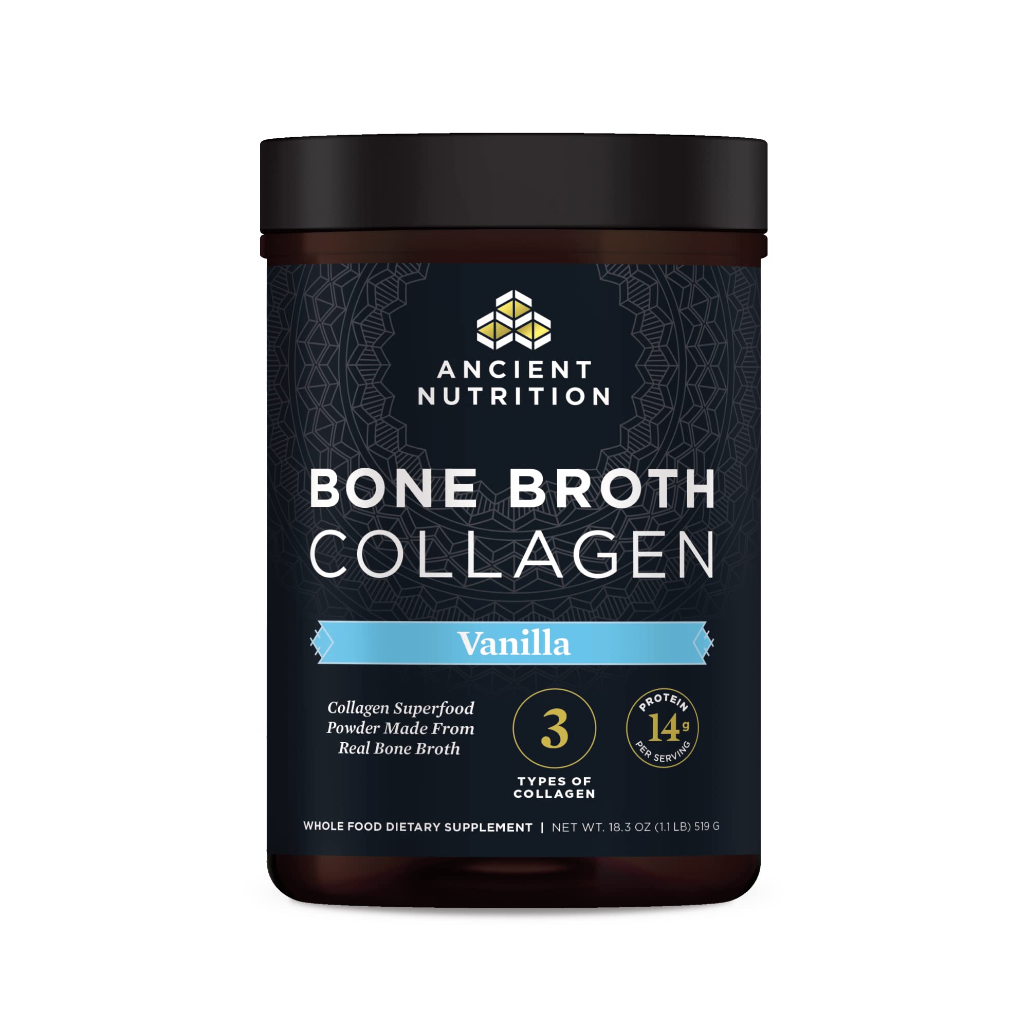 Ancient Nutrition Colágeno de Caldo de Huesos Vanilla, envase listo para mezclar en bebidas.