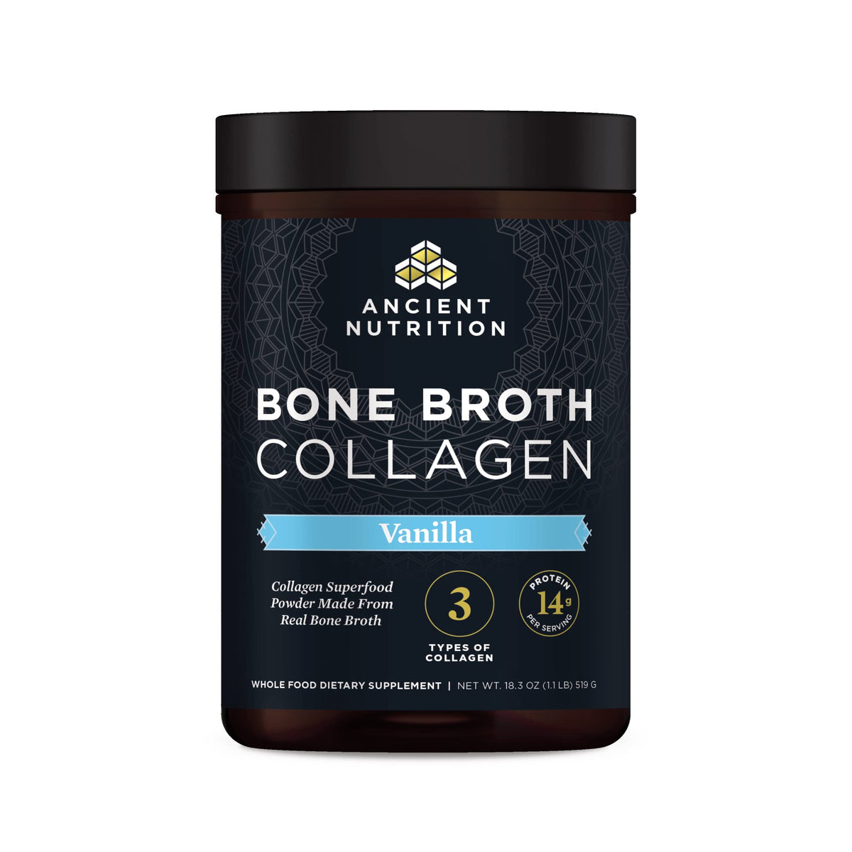 Ancient Nutrition Colágeno de Caldo de Huesos Vanilla, envase listo para mezclar en bebidas.