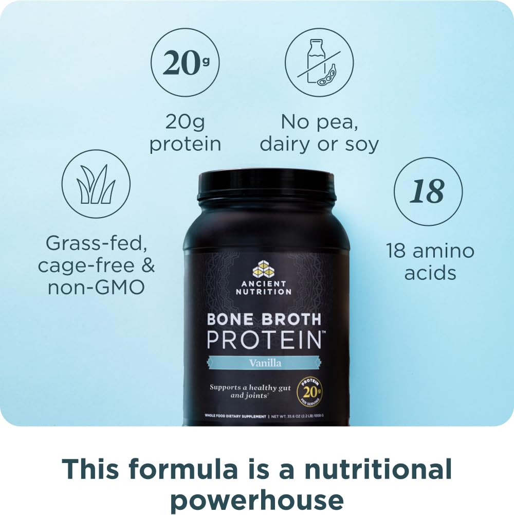 Proteína de caldo de hueso Ancient Nutrition en envase para dosificar